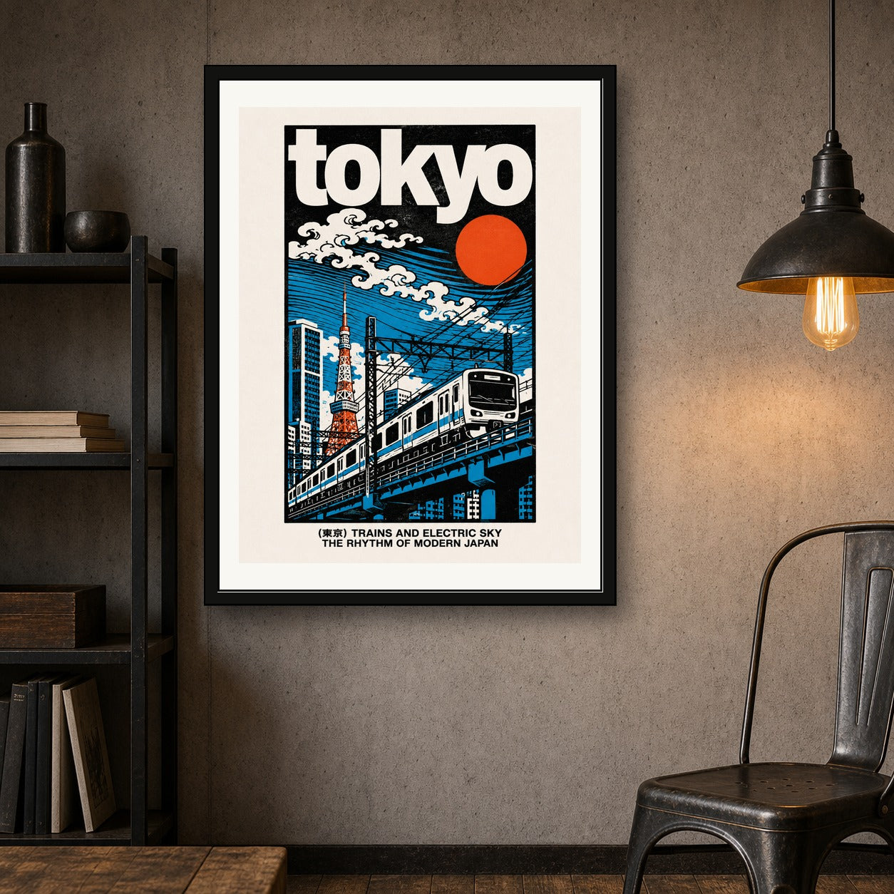 Tokyo Cityscape & Train Poster, Vibrant Retro Japan Art, Ukiyo-e Inspired Travel Print in Multiple Sizes - corrected 3x4 room mockup