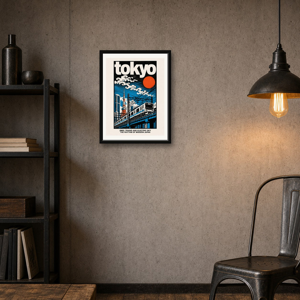Tokyo Cityscape & Train Poster, Vibrant Retro Japan Art, Ukiyo-e Inspired Travel Print in Multiple Sizes - corrected 3x4 room mockup