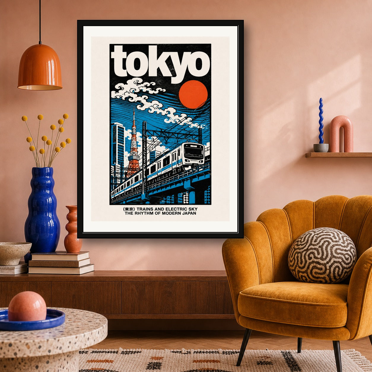 Tokyo Cityscape & Train Poster, Vibrant Retro Japan Art, Ukiyo-e Inspired Travel Print in Multiple Sizes - corrected 3x4 room mockup