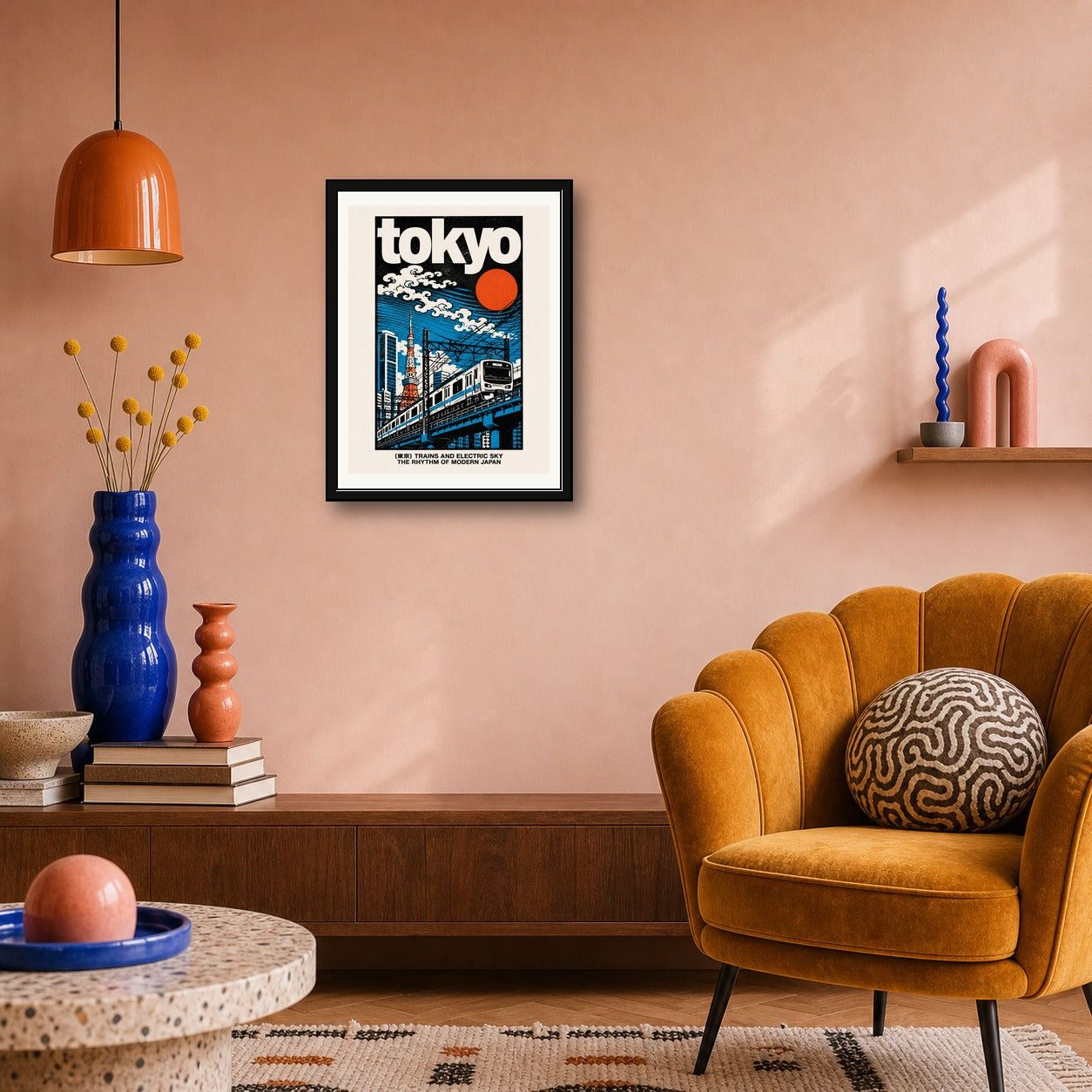 Tokyo Cityscape & Train Poster, Vibrant Retro Japan Art, Ukiyo-e Inspired Travel Print in Multiple Sizes - corrected 3x4 room mockup