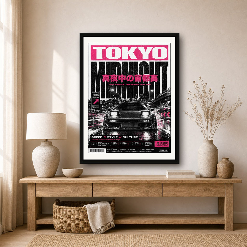 Tokyo Midnight Run JDM Poster, Neon Pink Japan Car Wall Art, Urban Speed Aesthetic Print - corrected 3x4 room mockup