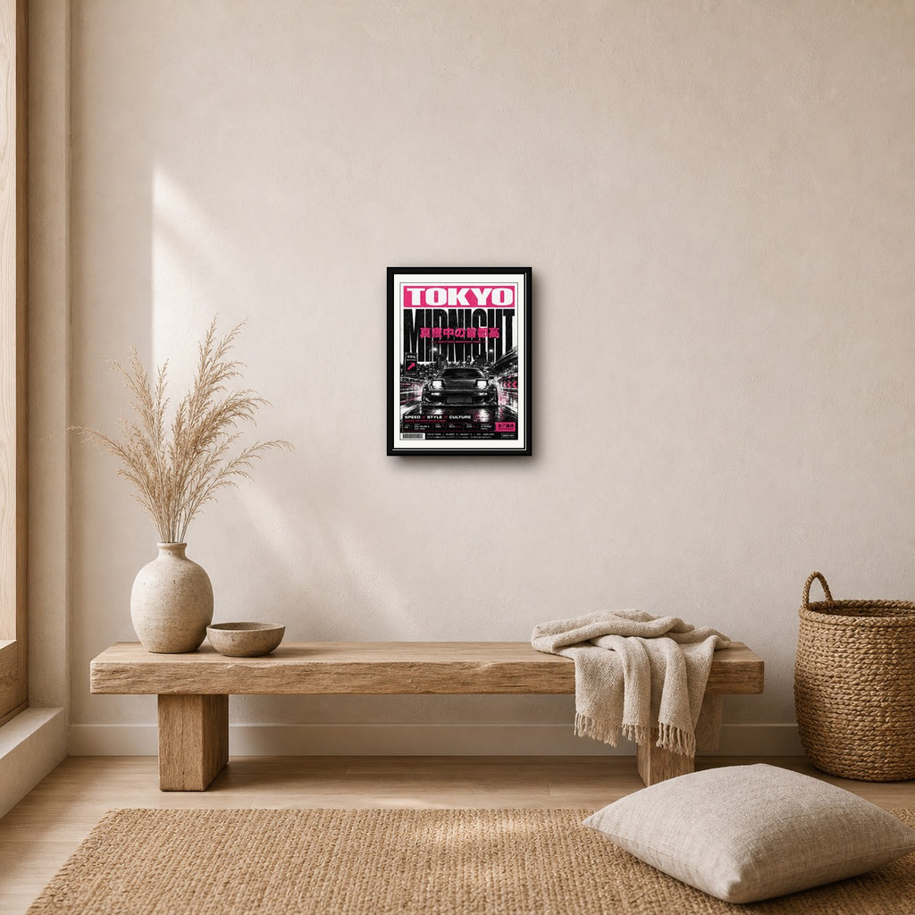 Tokyo Midnight Run JDM Poster, Neon Pink Japan Car Wall Art, Urban Speed Aesthetic Print - corrected 3x4 room mockup