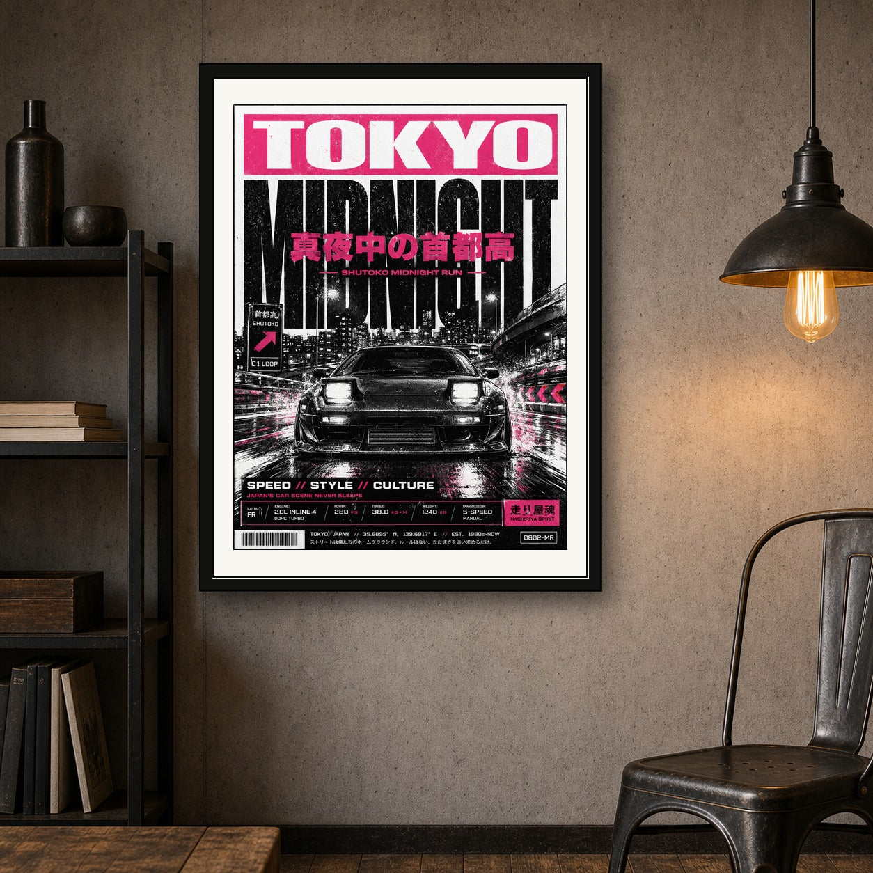 Tokyo Midnight Run JDM Poster, Neon Pink Japan Car Wall Art, Urban Speed Aesthetic Print - corrected 3x4 room mockup