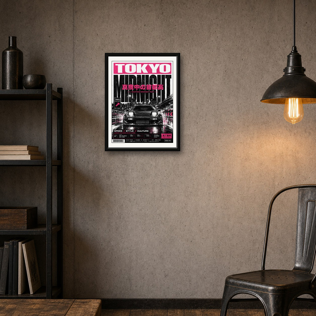 Tokyo Midnight Run JDM Poster, Neon Pink Japan Car Wall Art, Urban Speed Aesthetic Print - corrected 3x4 room mockup