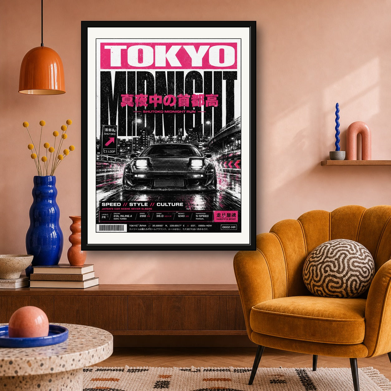 Tokyo Midnight Run JDM Poster, Neon Pink Japan Car Wall Art, Urban Speed Aesthetic Print - corrected 3x4 room mockup