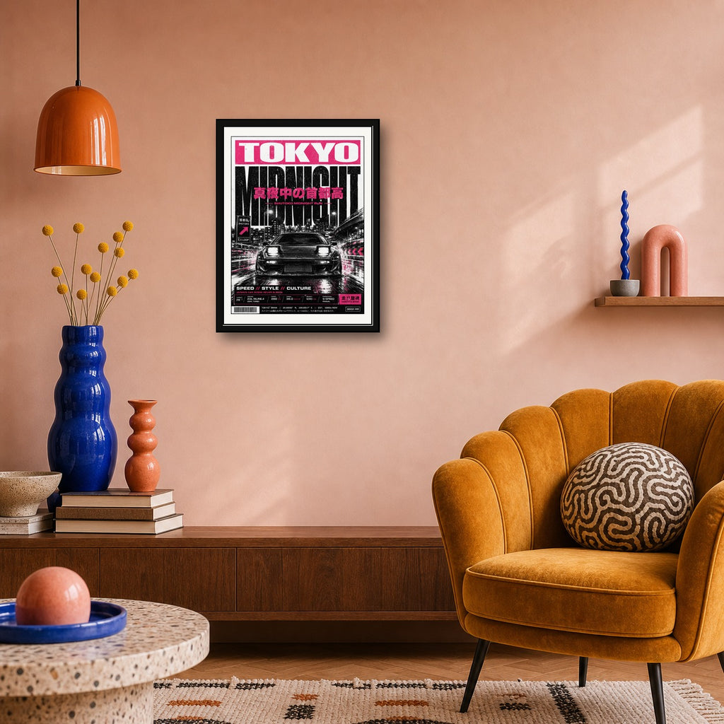 Tokyo Midnight Run JDM Poster, Neon Pink Japan Car Wall Art, Urban Speed Aesthetic Print - corrected 3x4 room mockup
