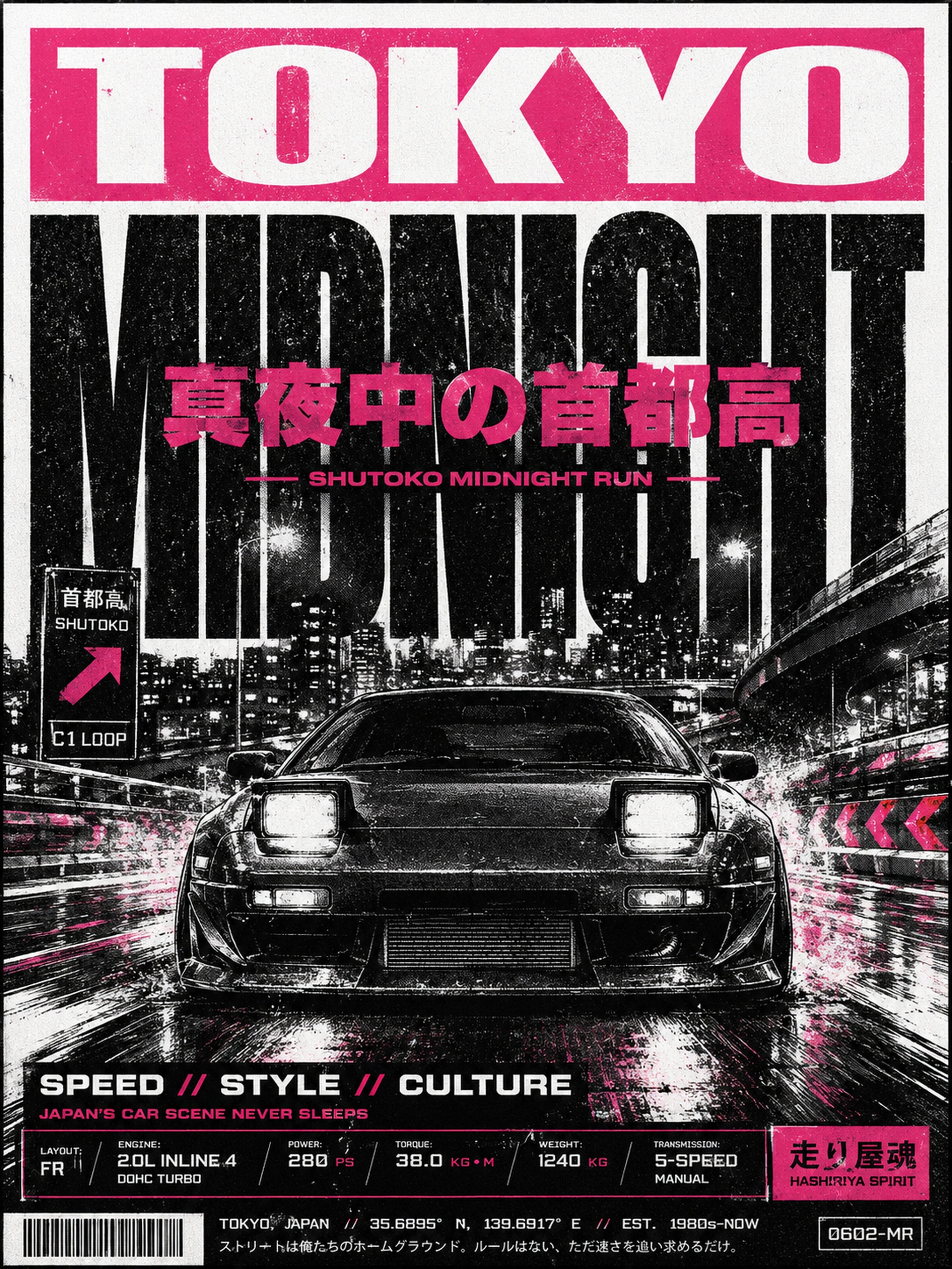 Tokyo Midnight Run JDM Poster, Neon Pink Japan Car Wall Art, Urban Speed Aesthetic Print - corrected 3x4 flat artwork