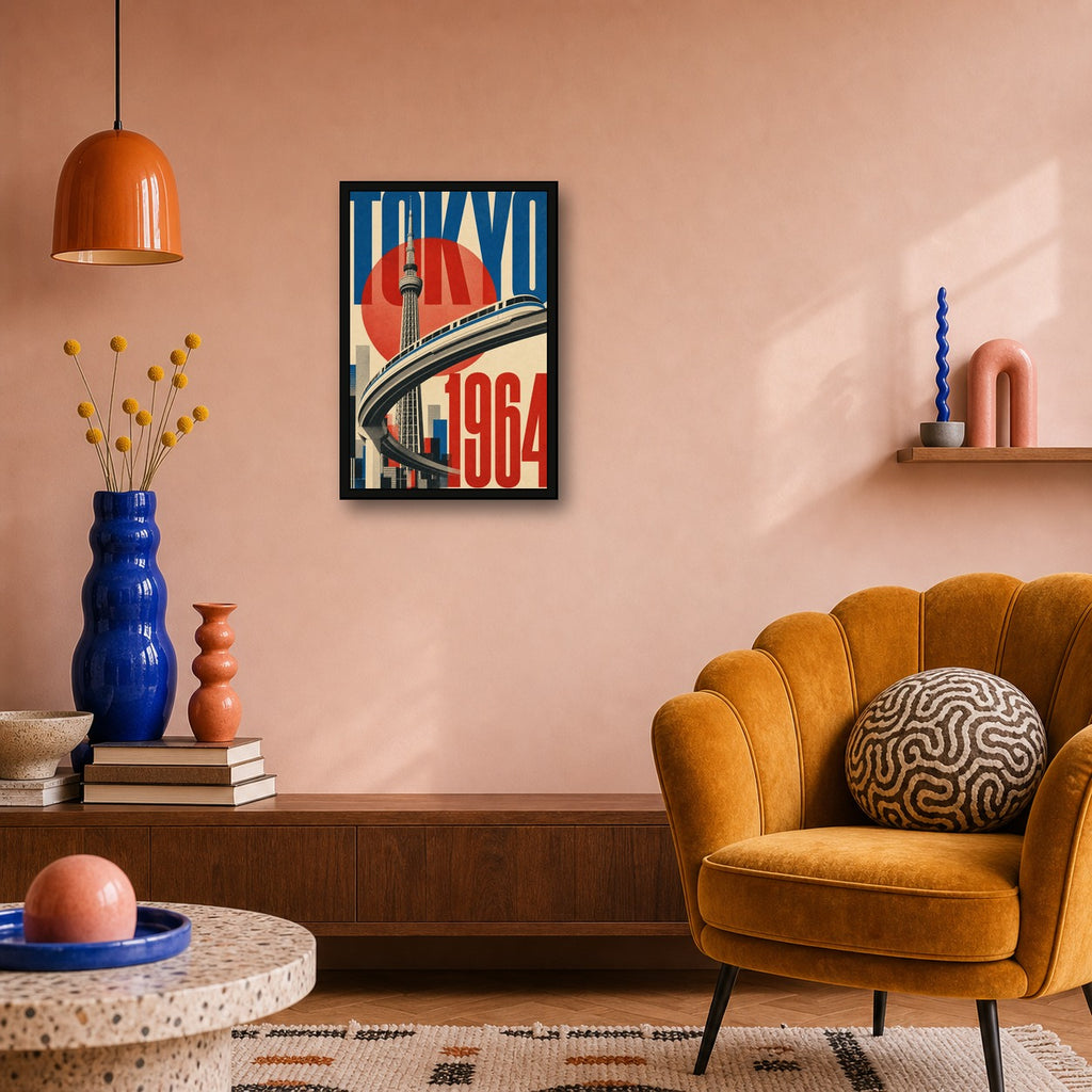 Tokyo New Horizon Poster, Retro Japanese City Travel Wall Art Print - 2x3 room mockup