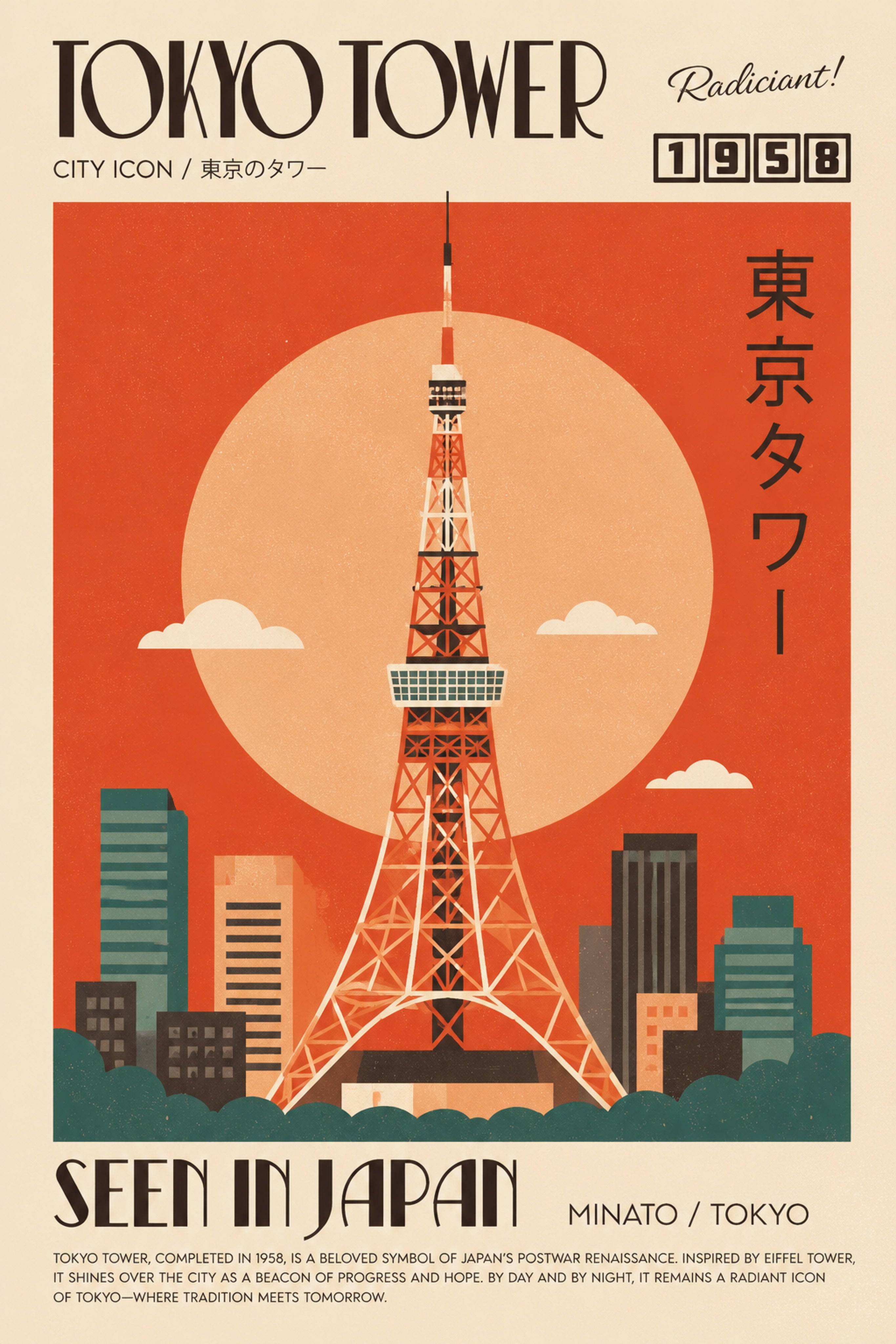 Tokyo Tower City Icon Poster | Vintage Japanese Travel Art for Mid-Century Modern Decor