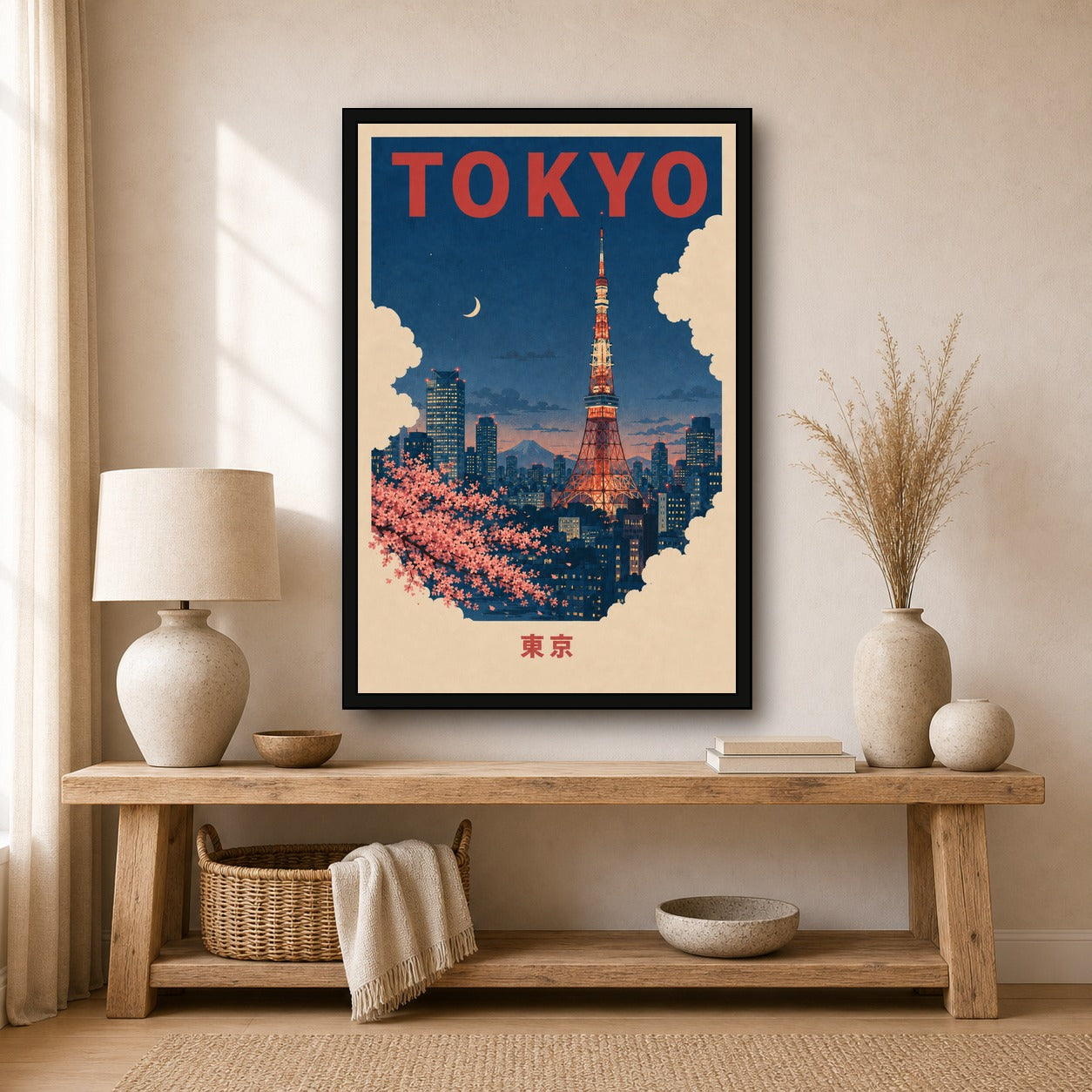 Tokyo Tower Night Travel Japanese Retro Poster Print - 2x3 room mockup