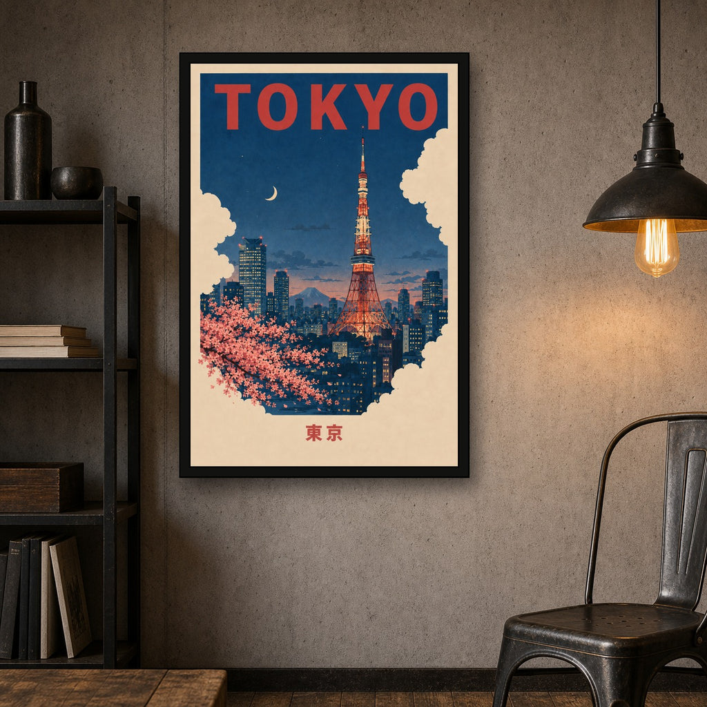 Tokyo Tower Night Travel Japanese Retro Poster Print - 2x3 room mockup