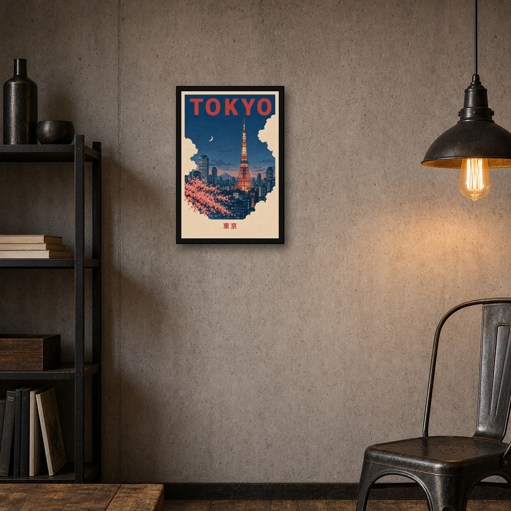 Tokyo Tower Night Travel Japanese Retro Poster Print - 2x3 room mockup