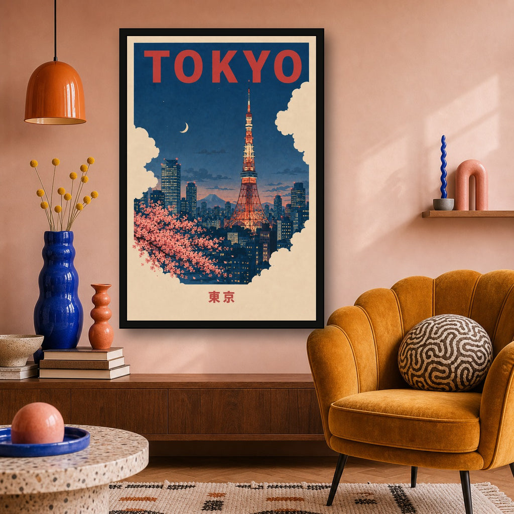 Tokyo Tower Night Travel Japanese Retro Poster Print - 2x3 room mockup