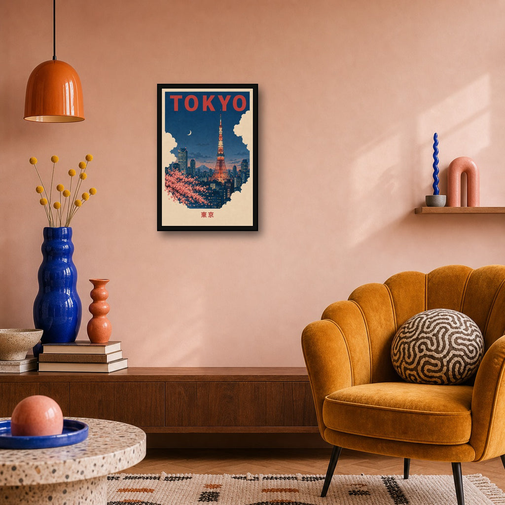 Tokyo Tower Night Travel Japanese Retro Poster Print - 2x3 room mockup