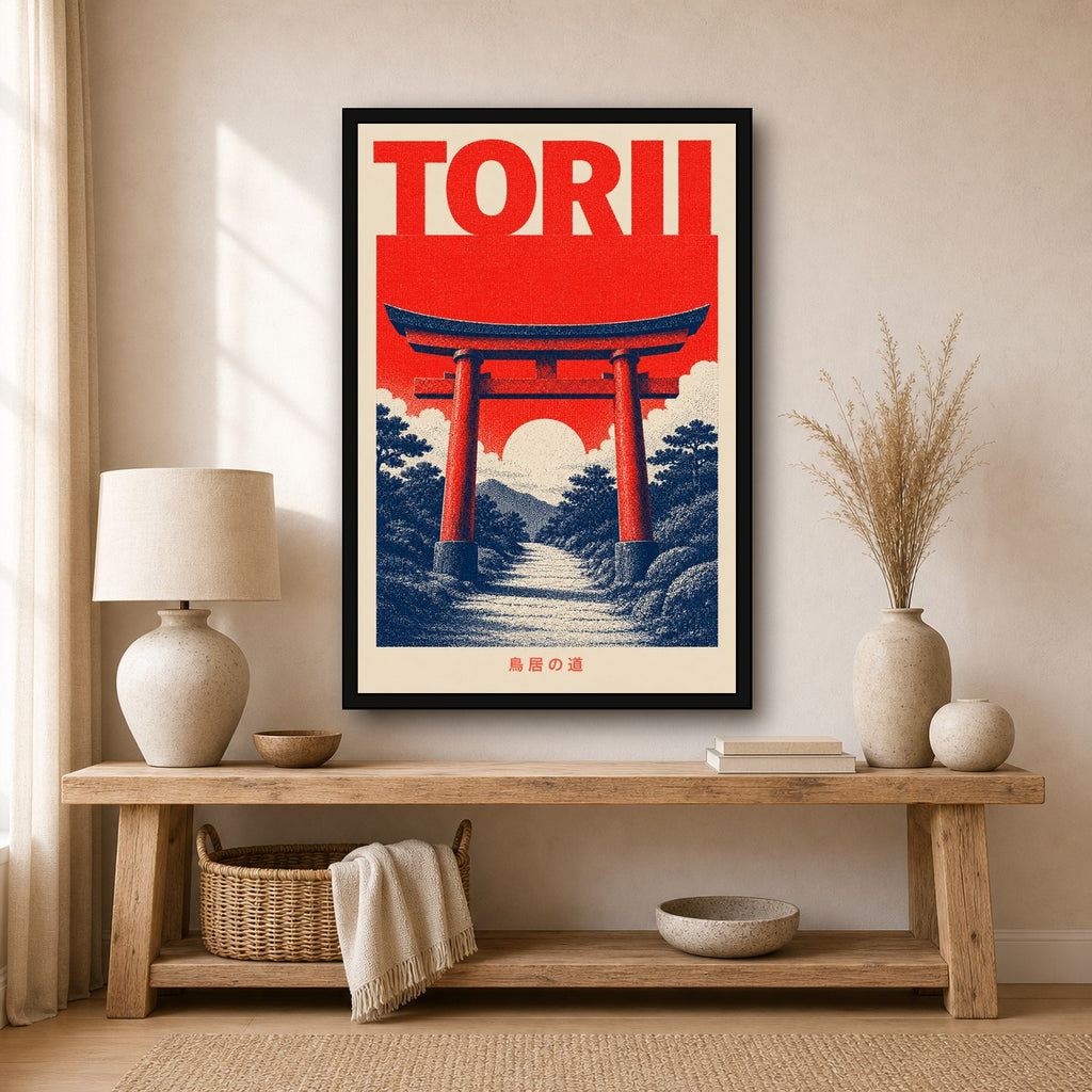 Torii Gate Red Path Japanese Retro Poster Print - 2x3 room mockup
