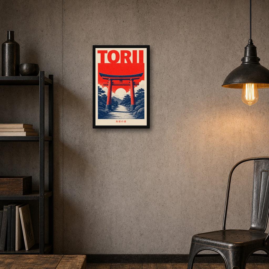 Torii Gate Red Path Japanese Retro Poster Print - 2x3 room mockup