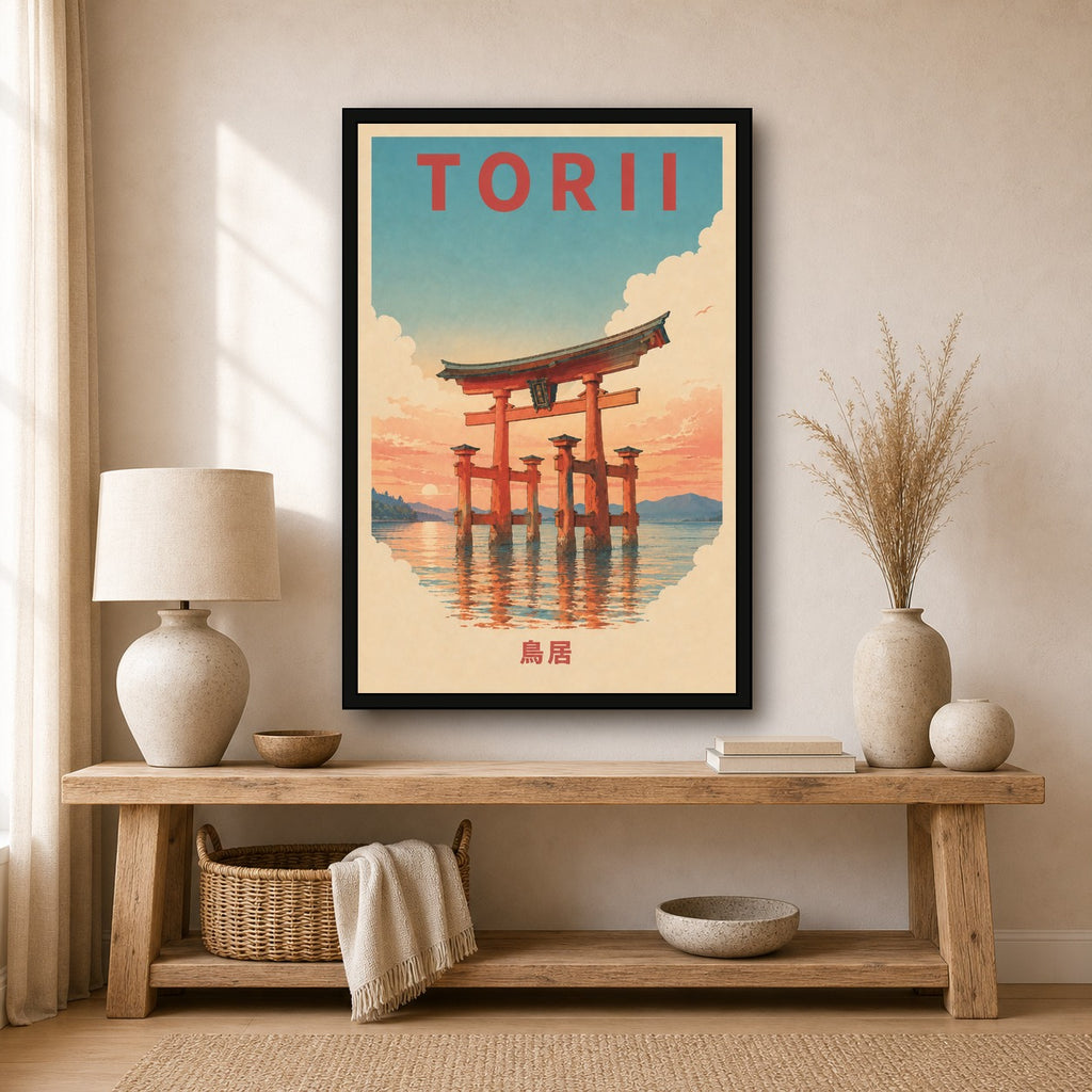 Torii Gate Water Travel Japanese Retro Poster Print - 2x3 room mockup