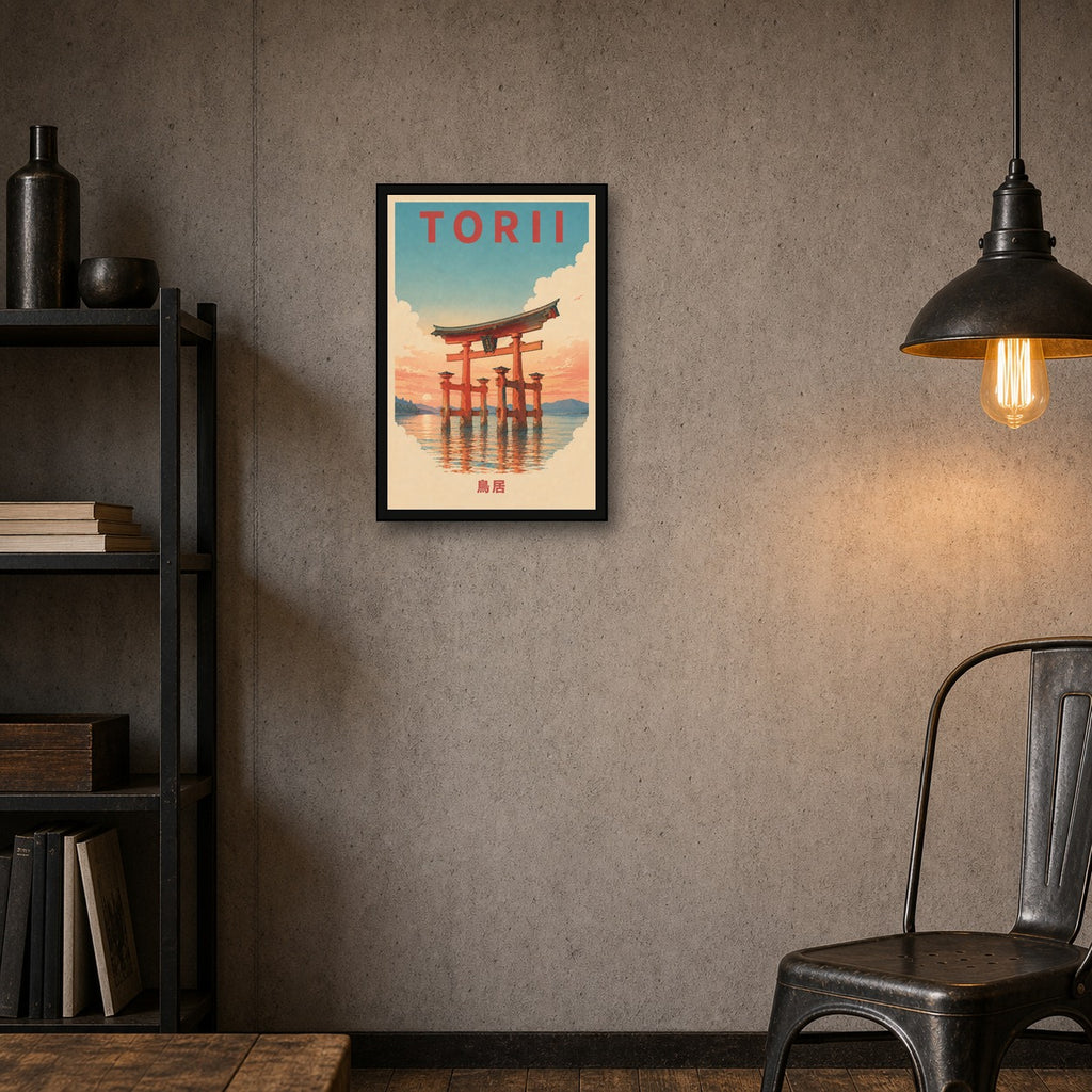 Torii Gate Water Travel Japanese Retro Poster Print - 2x3 room mockup