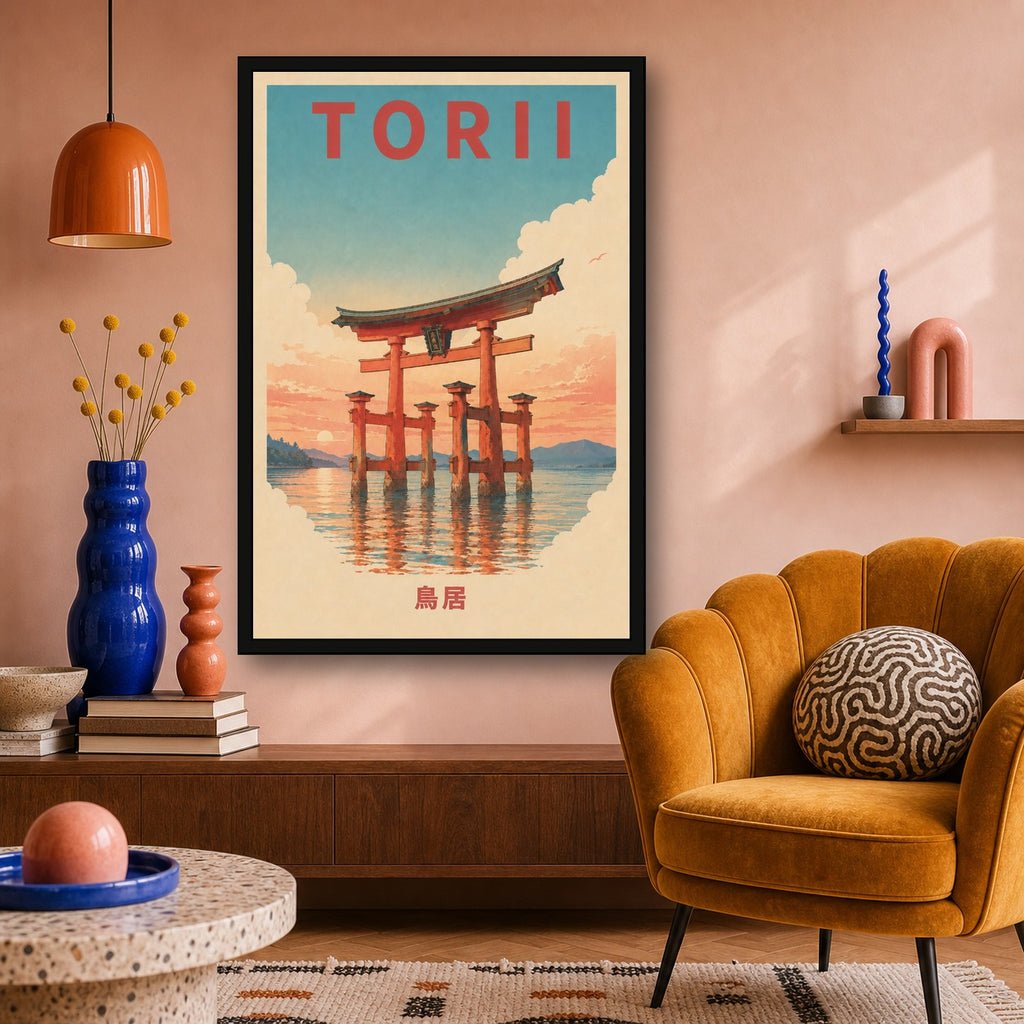 Torii Gate Water Travel Japanese Retro Poster Print - 2x3 room mockup