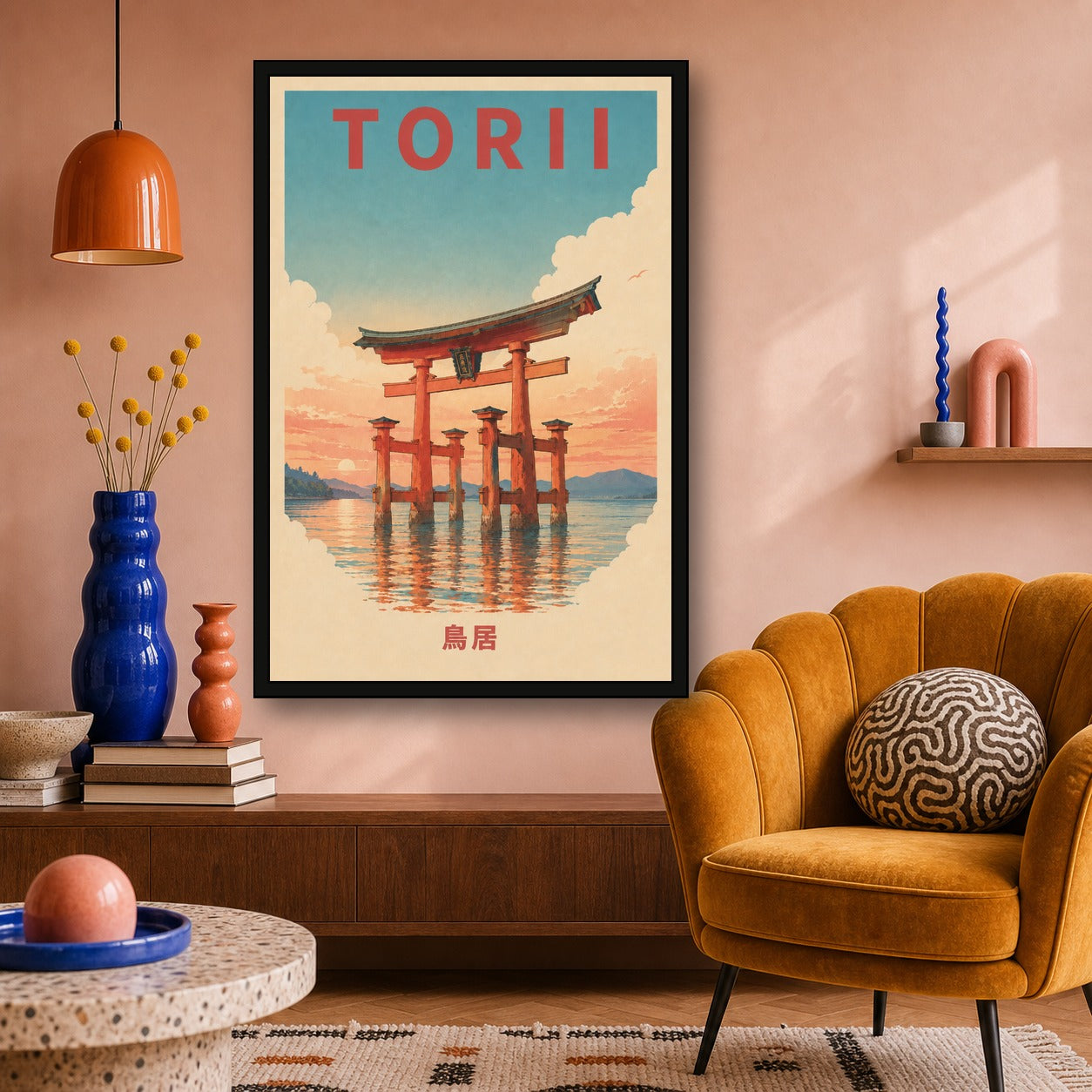 Torii Gate Water Travel Japanese Retro Poster Print - 2x3 room mockup