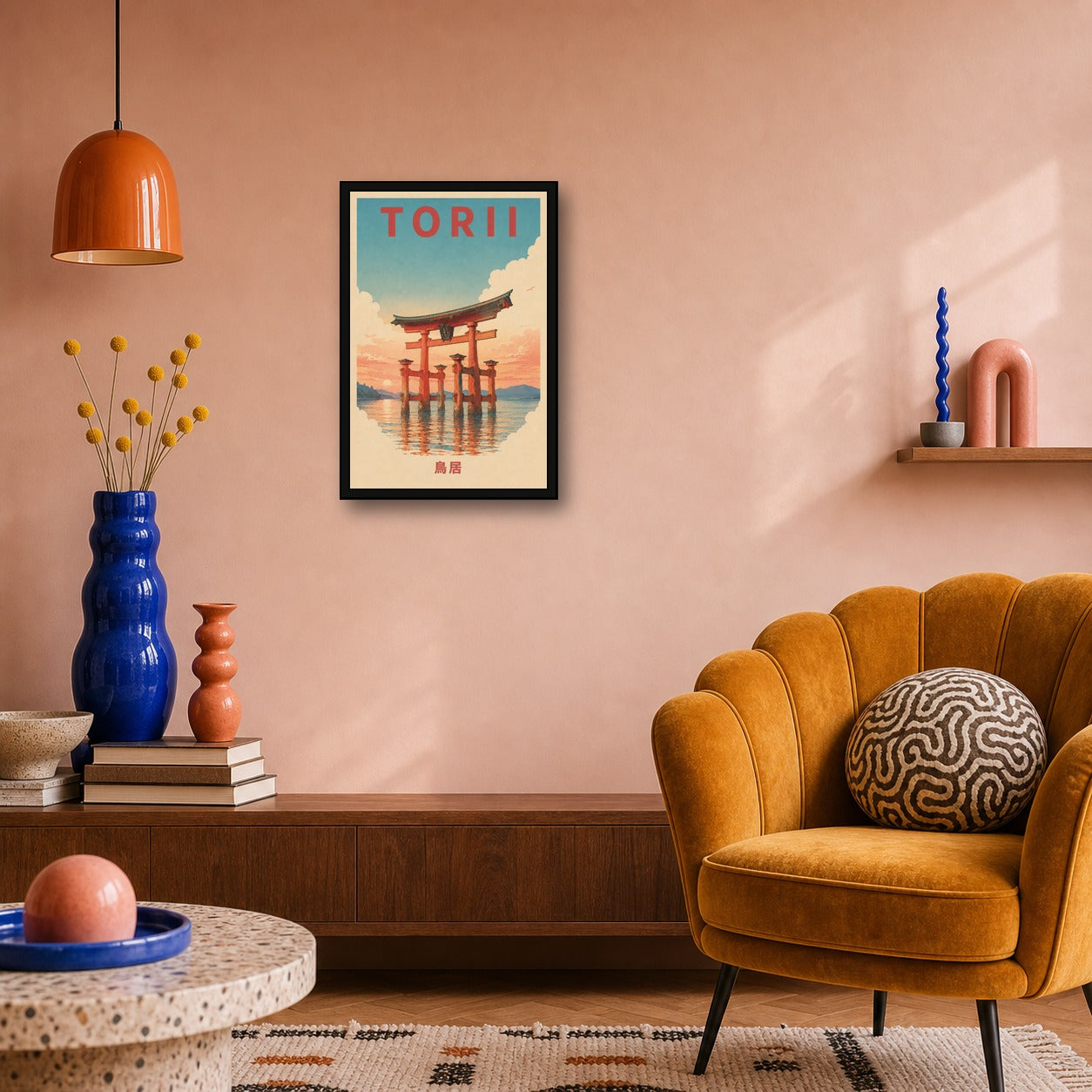 Torii Gate Water Travel Japanese Retro Poster Print - 2x3 room mockup