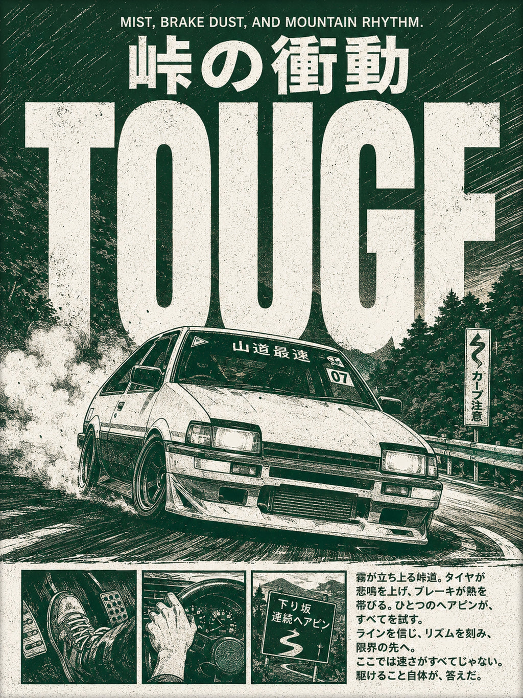 Touge Drift Car Poster, JDM Japanese Mountain Pass Wall Art, Vintage Sportscar Print - corrected 3x4 flat artwork