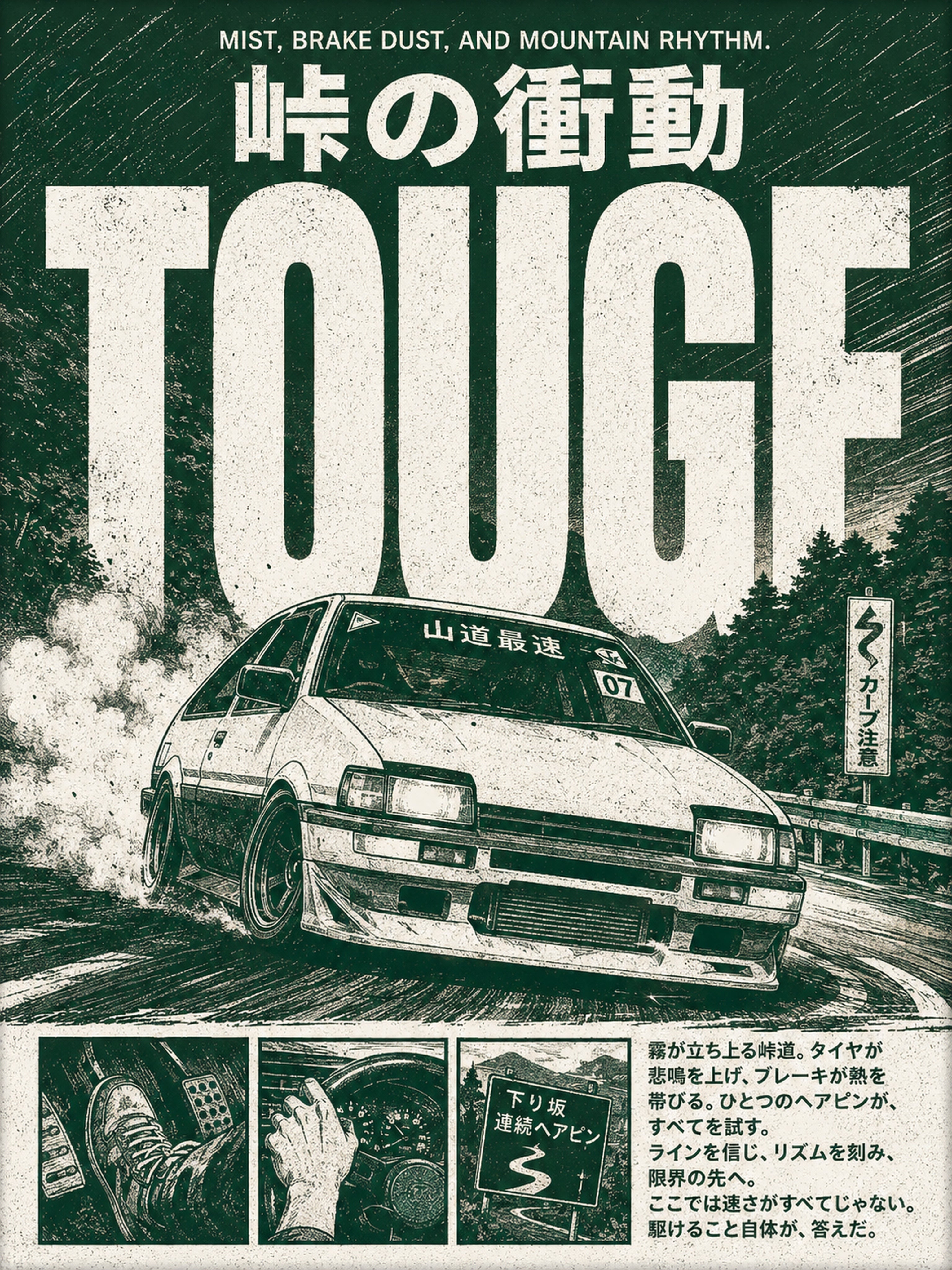 Touge Drift Car Poster, JDM Japanese Mountain Pass Wall Art, Vintage Sportscar Print - corrected 3x4 flat artwork