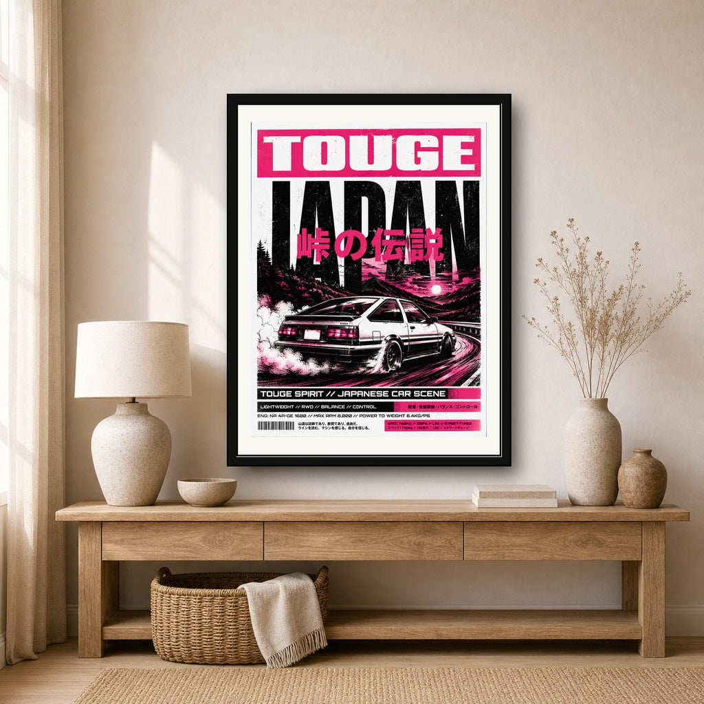 Touge Japan Drift Poster - Neon Pink JDM Car Wall Art for Street Scene Enthusiasts, Available in Multiple Sizes - corrected 3x4 room mockup