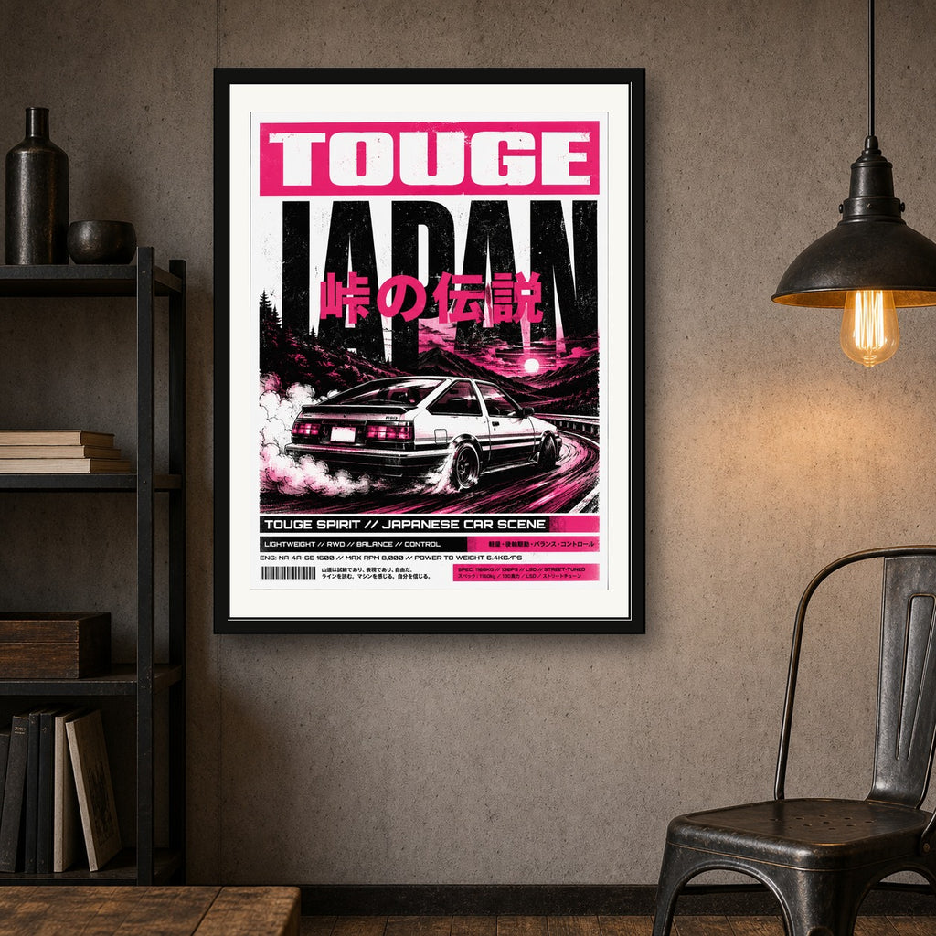 Touge Japan Drift Poster - Neon Pink JDM Car Wall Art for Street Scene Enthusiasts, Available in Multiple Sizes - corrected 3x4 room mockup