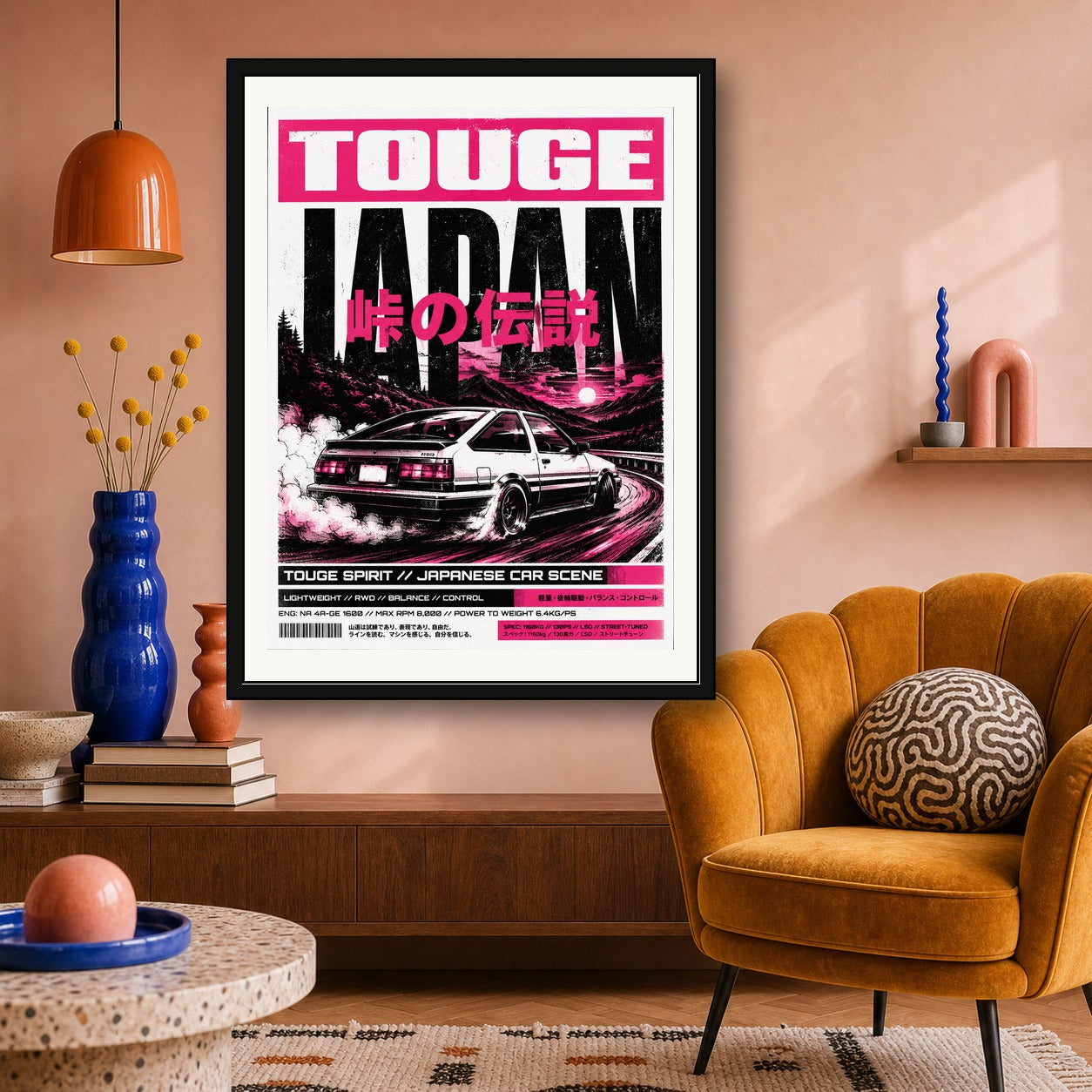 Touge Japan Drift Poster - Neon Pink JDM Car Wall Art for Street Scene Enthusiasts, Available in Multiple Sizes - corrected 3x4 room mockup