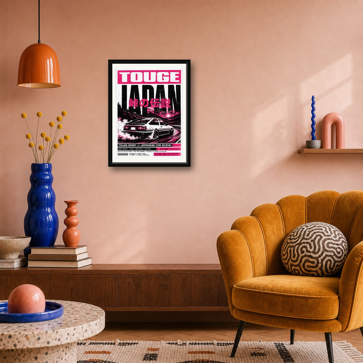Touge Japan Drift Poster - Neon Pink JDM Car Wall Art for Street Scene Enthusiasts, Available in Multiple Sizes - corrected 3x4 room mockup