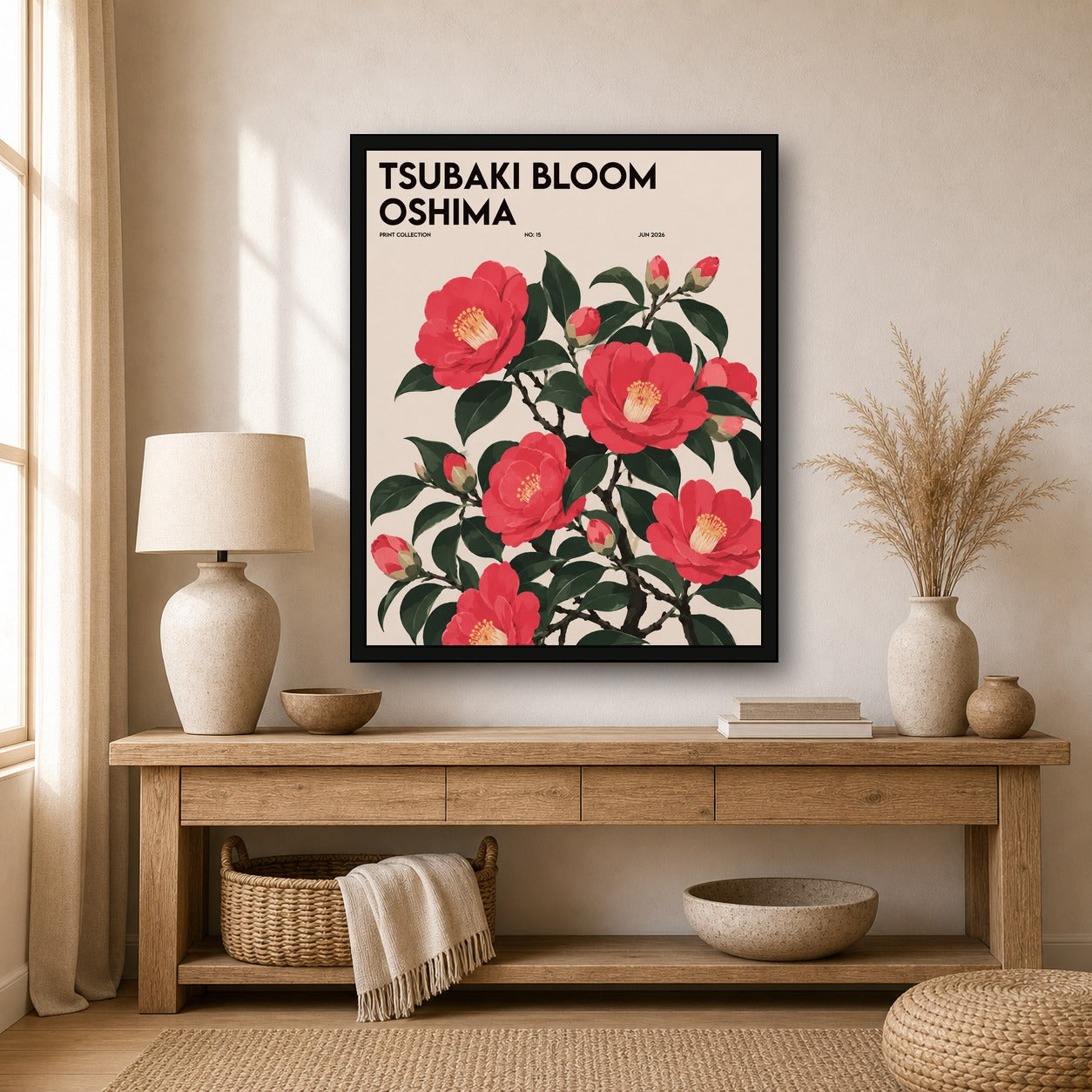 Tsubaki Bloom Oshima Japanese Camellia Art Print, Pink Floral Botanical Poster, Serene Japan Wall Decor - 4x5 room mockup