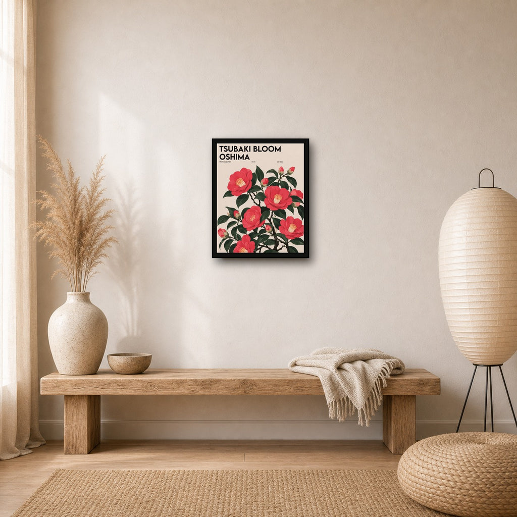 Tsubaki Bloom Oshima Japanese Camellia Art Print, Pink Floral Botanical Poster, Serene Japan Wall Decor - 4x5 room mockup