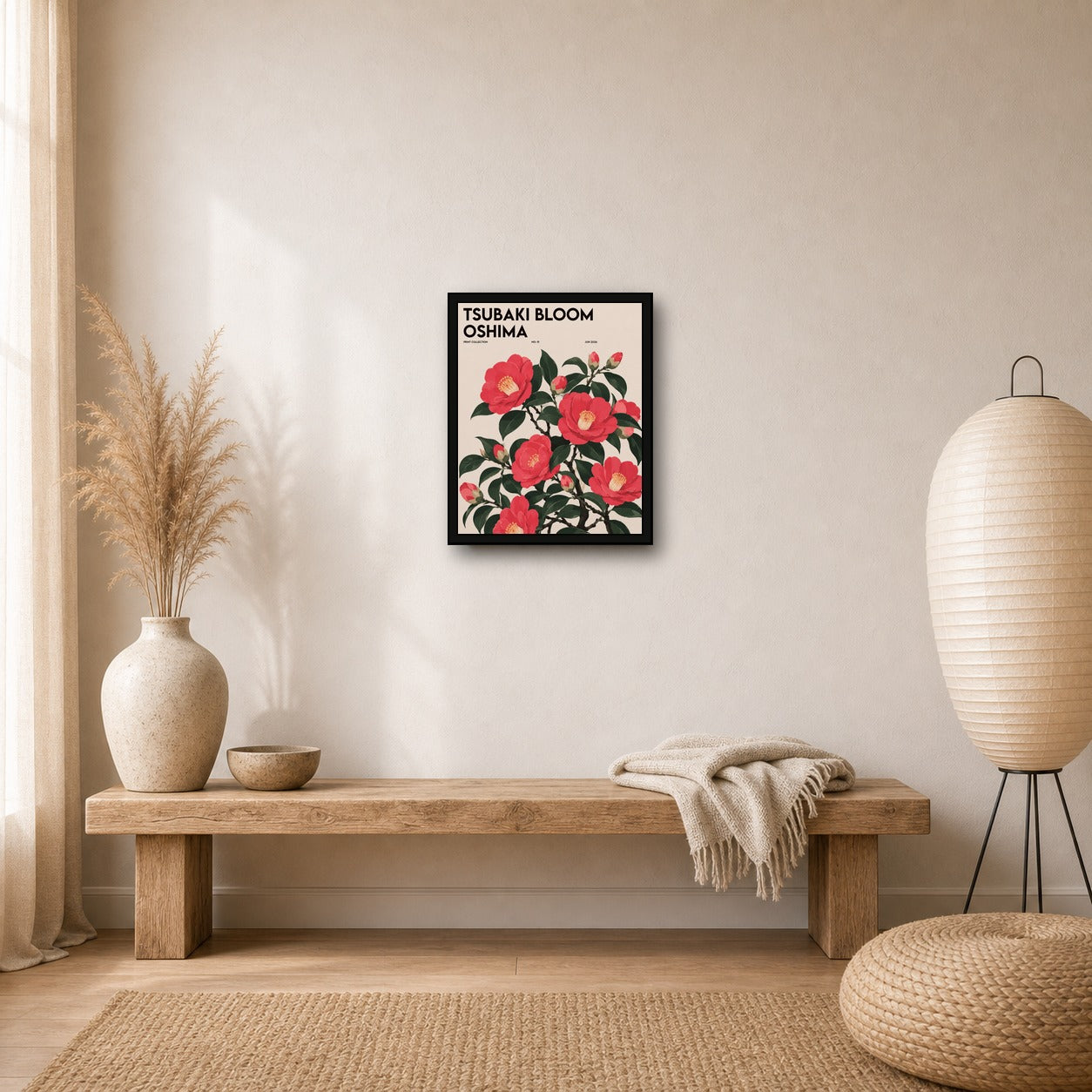 Tsubaki Bloom Oshima Japanese Camellia Art Print, Pink Floral Botanical Poster, Serene Japan Wall Decor - 4x5 room mockup