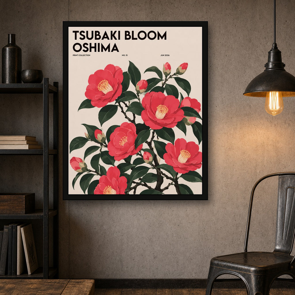 Tsubaki Bloom Oshima Japanese Camellia Art Print, Pink Floral Botanical Poster, Serene Japan Wall Decor - 4x5 room mockup
