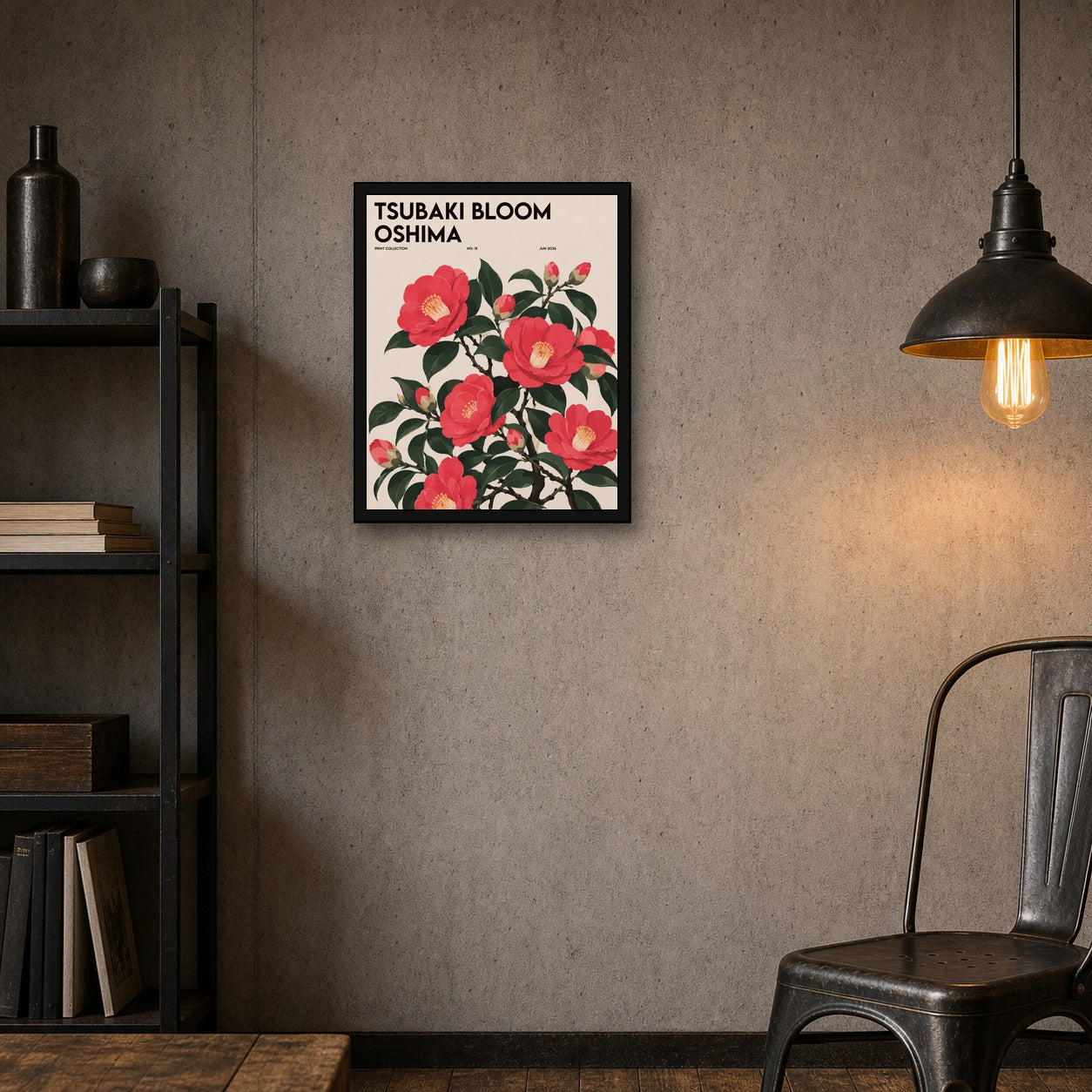Tsubaki Bloom Oshima Japanese Camellia Art Print, Pink Floral Botanical Poster, Serene Japan Wall Decor - 4x5 room mockup