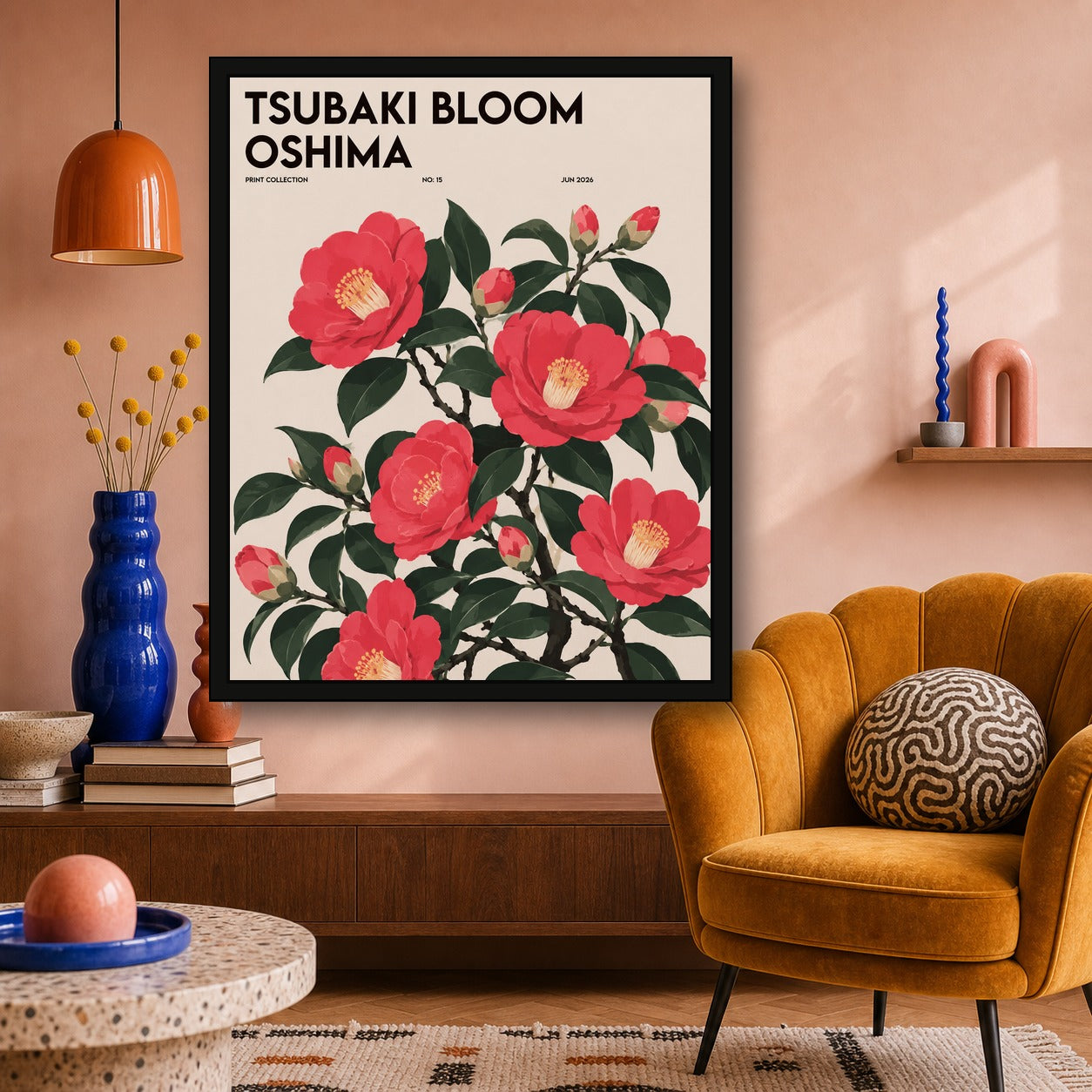 Tsubaki Bloom Oshima Japanese Camellia Art Print, Pink Floral Botanical Poster, Serene Japan Wall Decor - 4x5 room mockup
