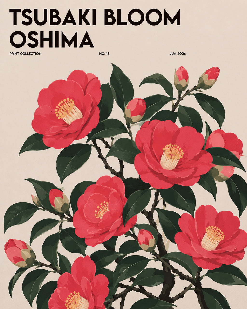 Tsubaki Bloom Oshima Japanese Camellia Art Print, Pink Floral Botanical Poster, Serene Japan Wall Decor