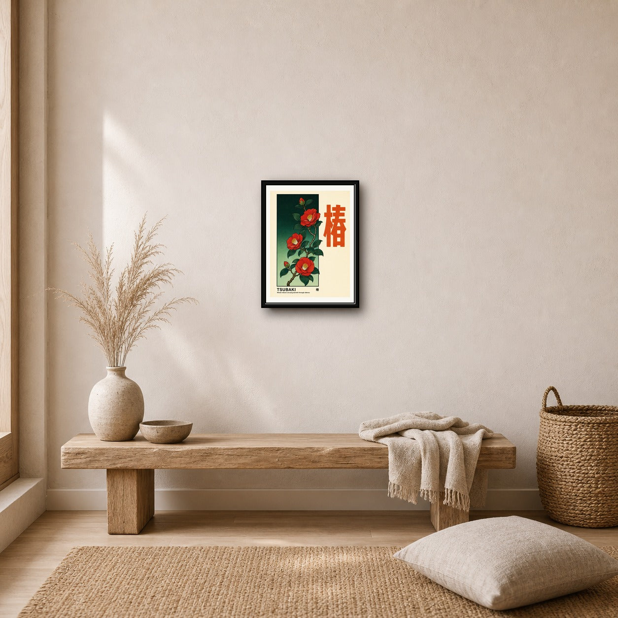 Tsubaki Camellia Bloom Japanese Art Print, Vintage Floral Wall Art, Serene Asian Home Decor in Multiple Sizes - corrected 3x4 room mockup