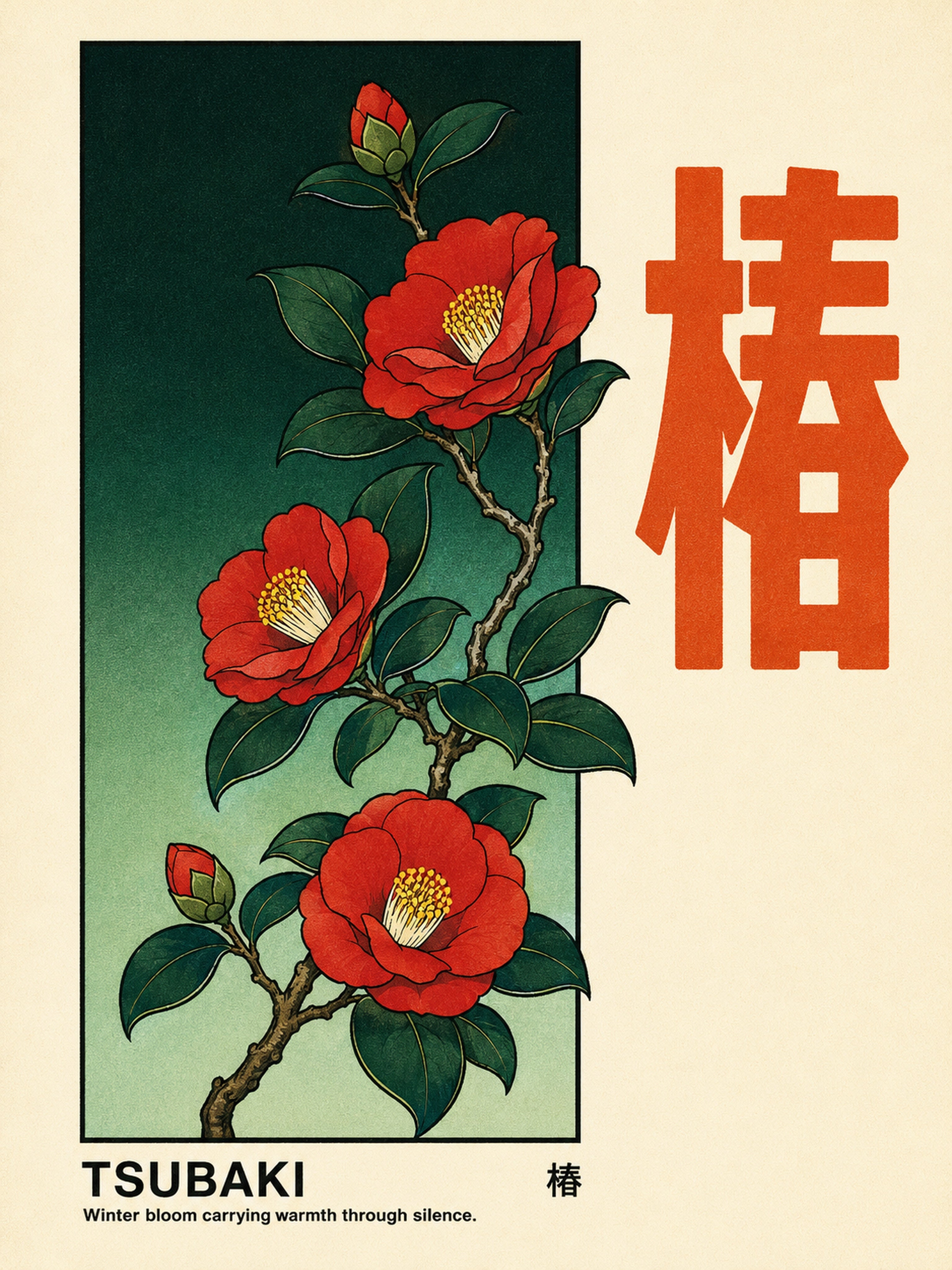 Tsubaki Camellia Bloom Japanese Art Print, Vintage Floral Wall Art, Serene Asian Home Decor in Multiple Sizes - corrected 3x4 flat artwork