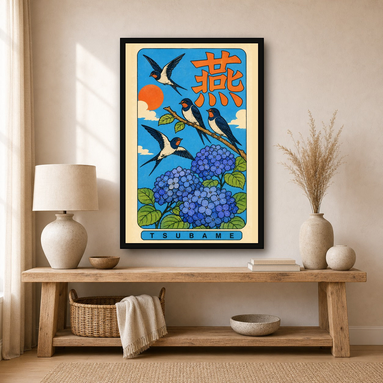 Tsubame Swallow & Hydrangea Poster, Retro Japanese Bird Wall Art Print - 2x3 room mockup