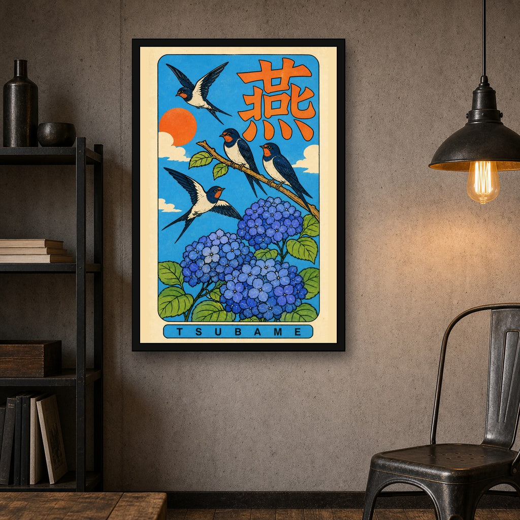 Tsubame Swallow & Hydrangea Poster, Retro Japanese Bird Wall Art Print - 2x3 room mockup