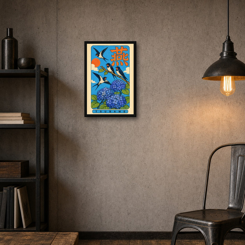 Tsubame Swallow & Hydrangea Poster, Retro Japanese Bird Wall Art Print - 2x3 room mockup