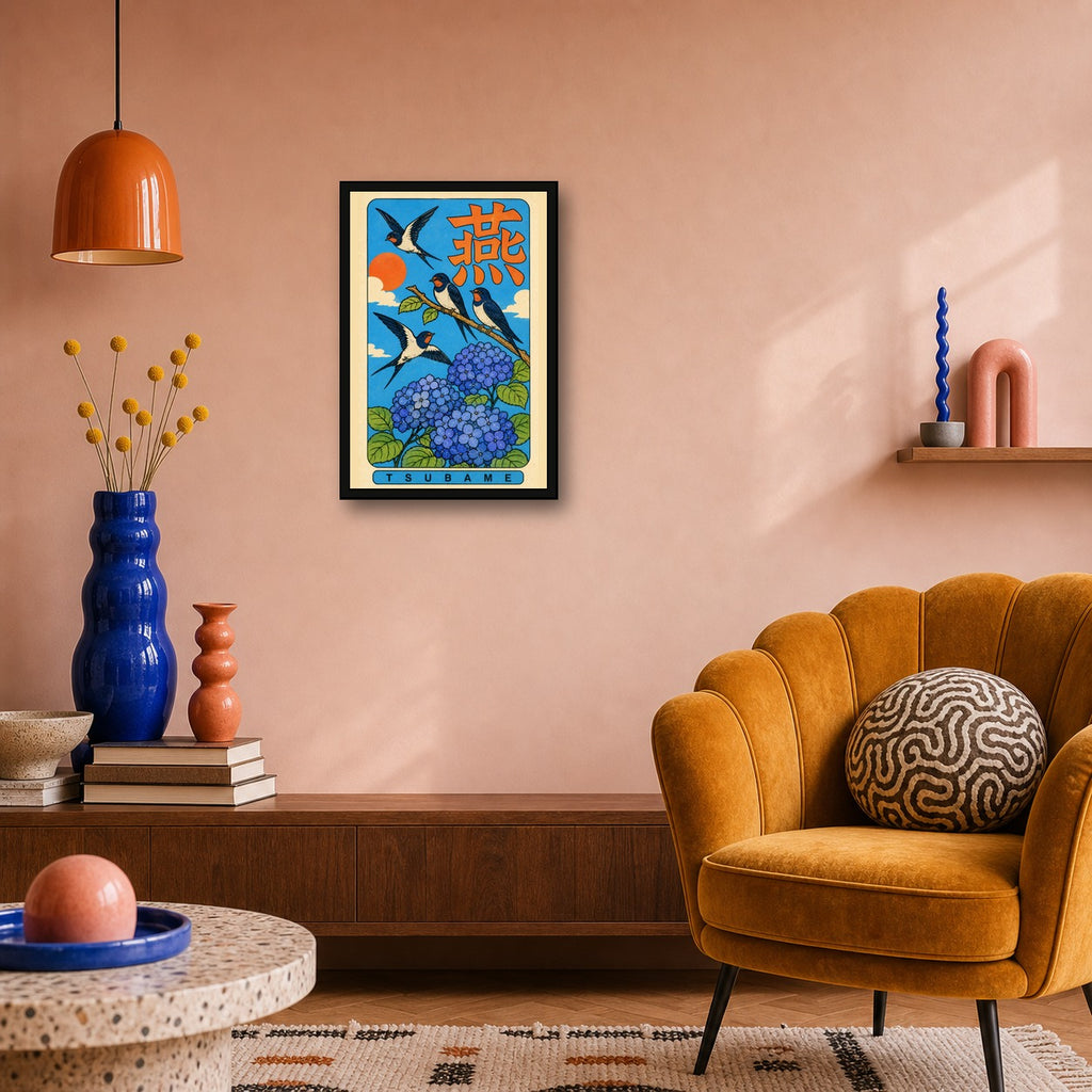 Tsubame Swallow & Hydrangea Poster, Retro Japanese Bird Wall Art Print - 2x3 room mockup