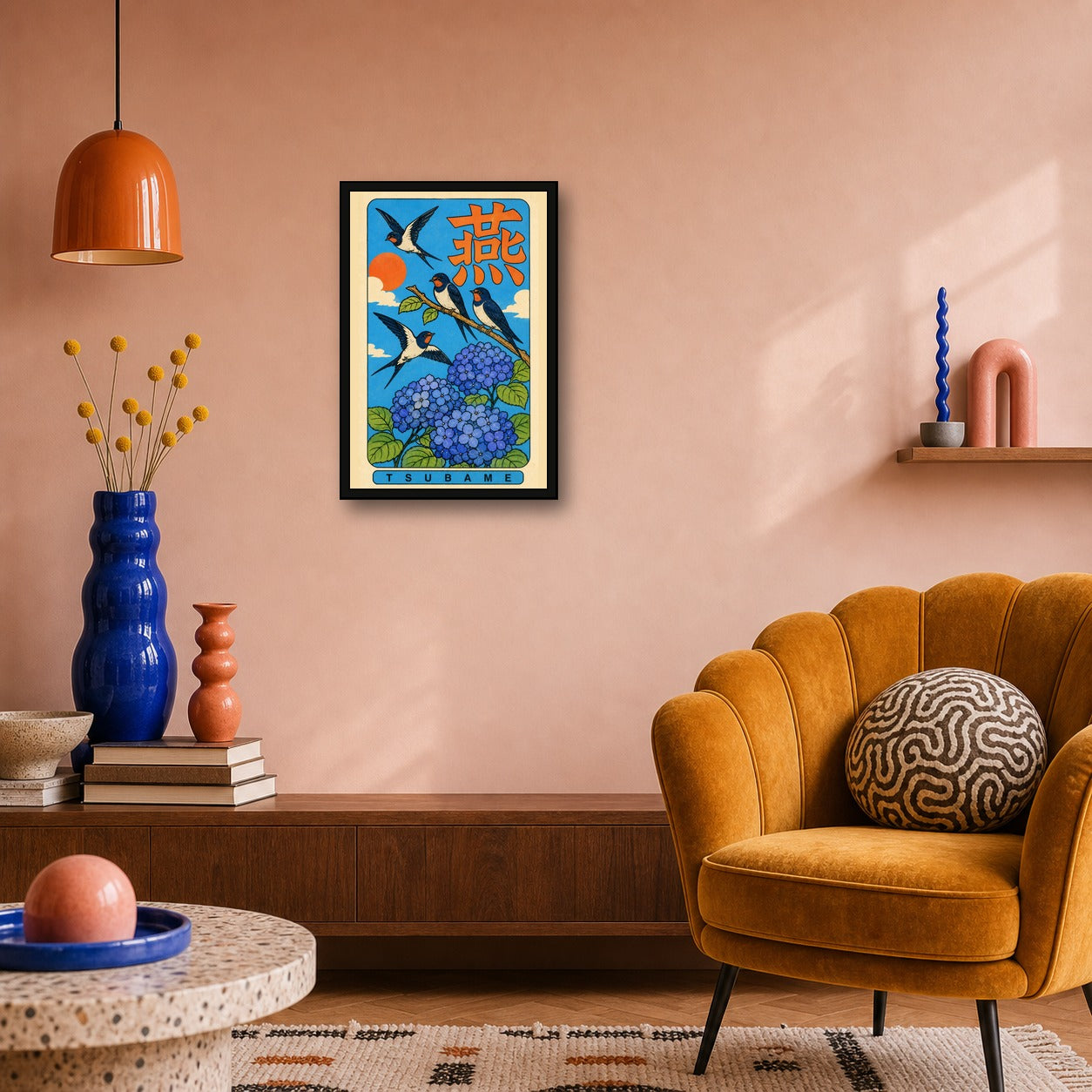 Tsubame Swallow & Hydrangea Poster, Retro Japanese Bird Wall Art Print - 2x3 room mockup
