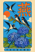 Retro Japanese poster with four barn swallows above blue hydrangeas, orange sun, and bold Tsubame typography