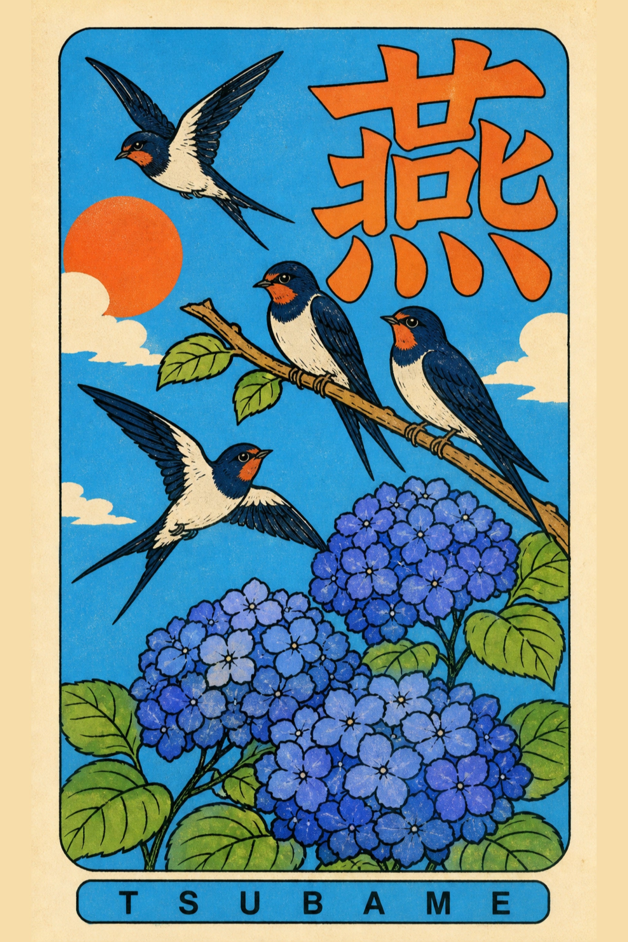 Retro Japanese poster with four barn swallows above blue hydrangeas, orange sun, and bold Tsubame typography