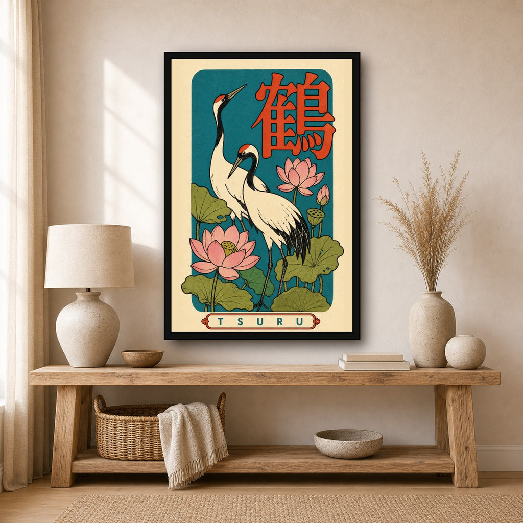 Tsuru Crane & Lotus Poster, Retro Japanese Bird Wall Art Print - 2x3 room mockup