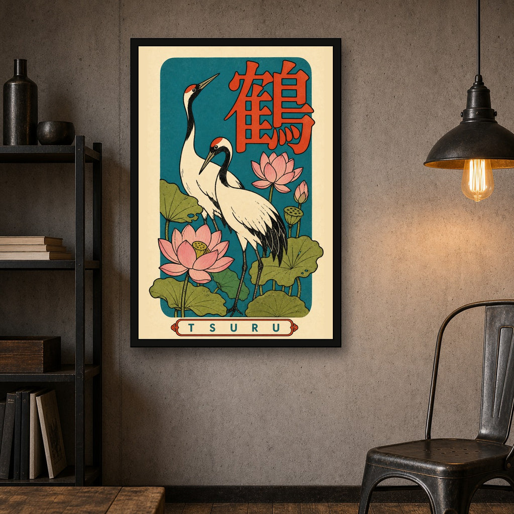 Tsuru Crane & Lotus Poster, Retro Japanese Bird Wall Art Print - 2x3 room mockup
