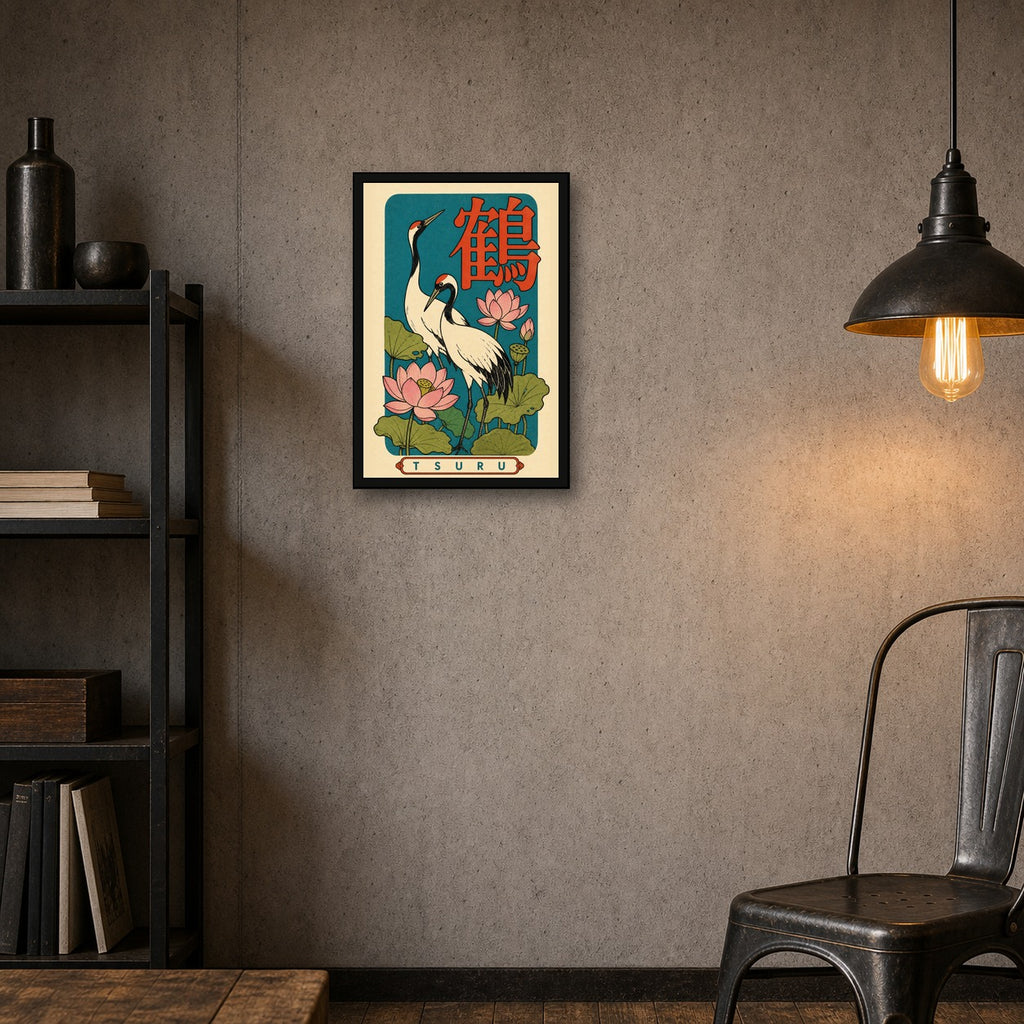 Tsuru Crane & Lotus Poster, Retro Japanese Bird Wall Art Print - 2x3 room mockup